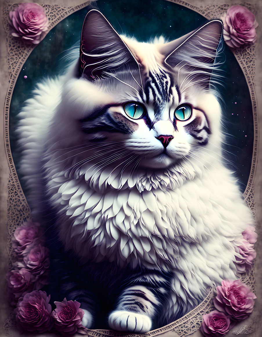 Majestic white cat with blue eyes and roses on cosmic background