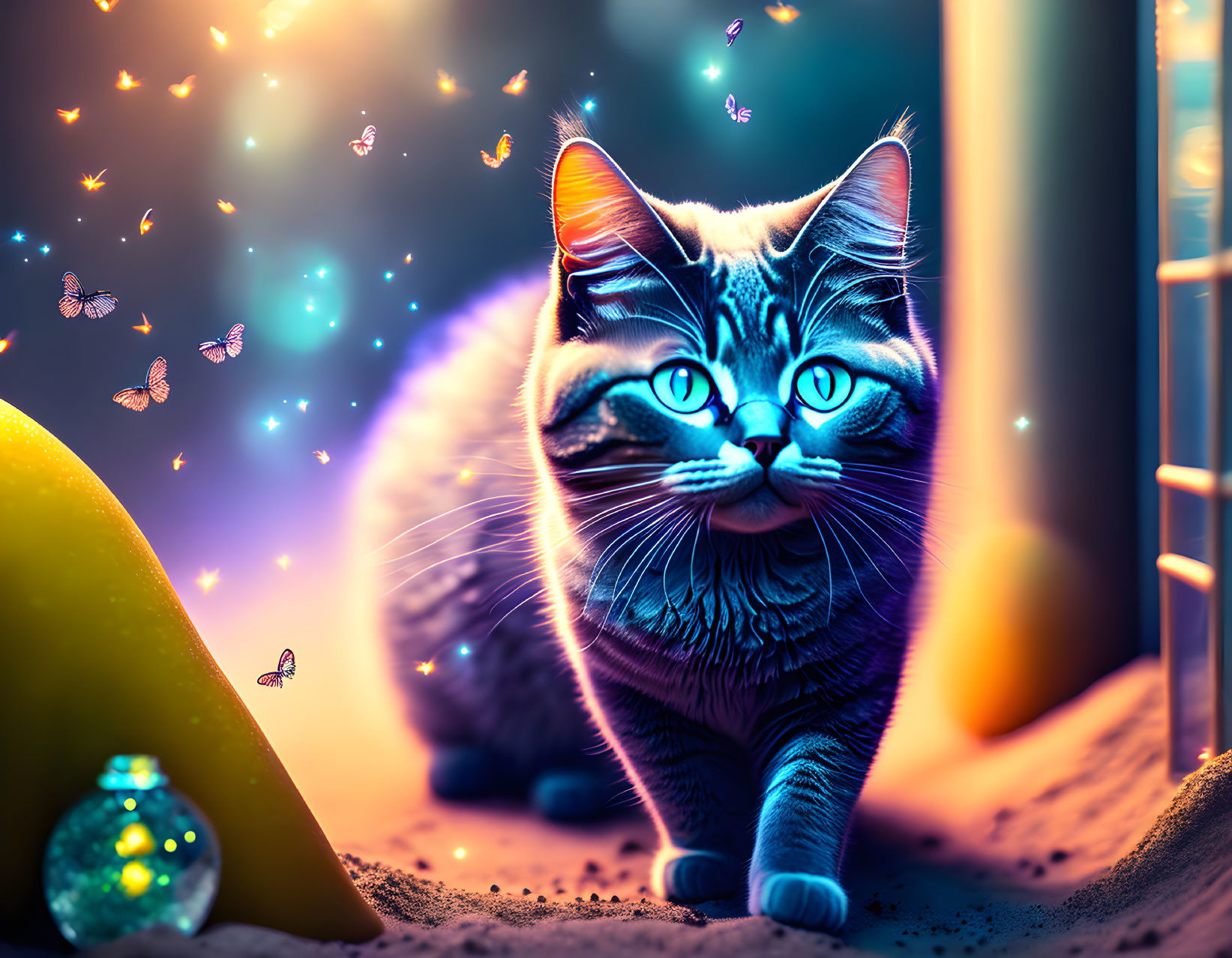 Blue-eyed cat with butterflies and orbs in vibrant, mystical setting