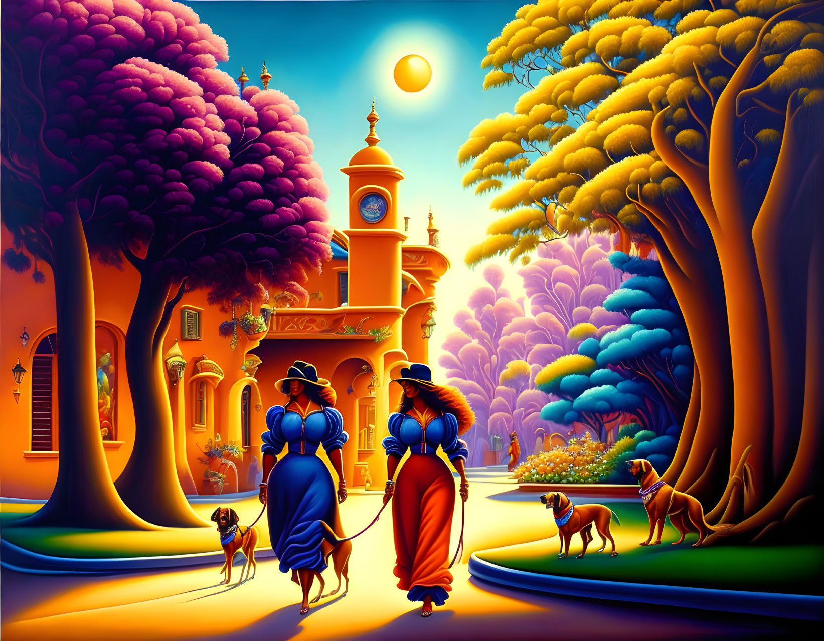 Elegantly Dressed Couple Walking Dogs on Colorful Street