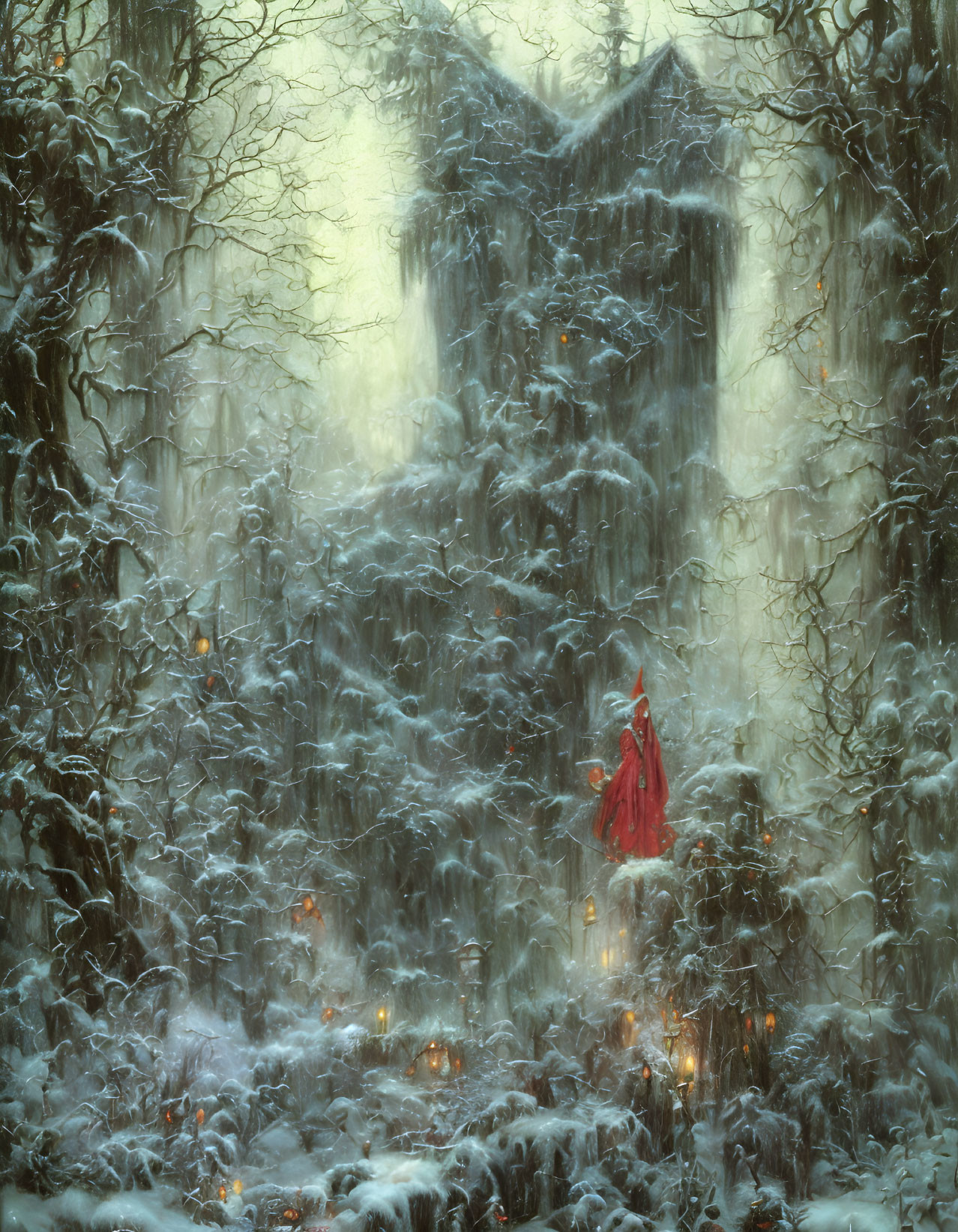 Person in Red Cloak Stands in Snowy Forest Near Overgrown Structure