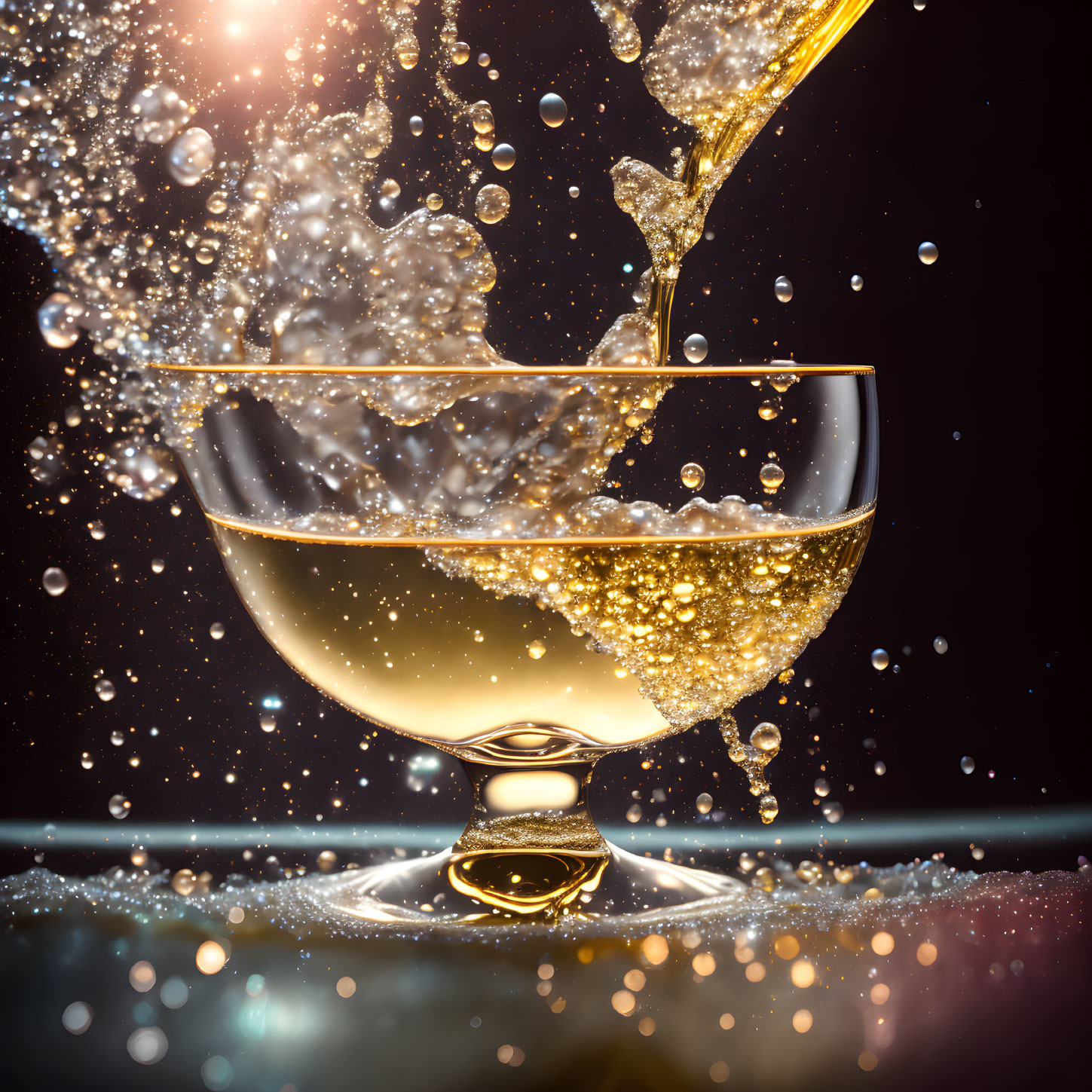 Pouring Golden Liquid into Stemless Glass on Dark Background