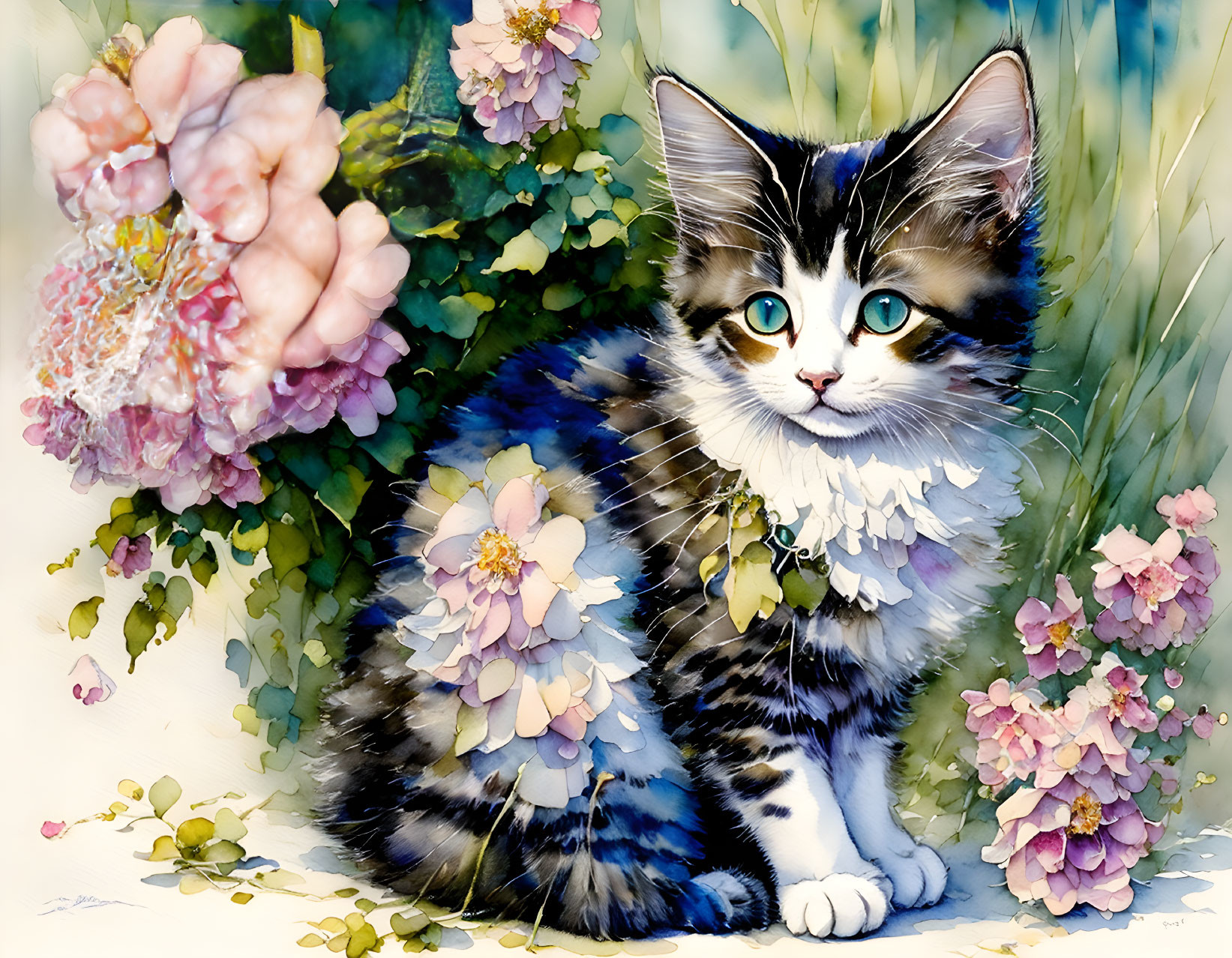 Fluffy kitten with blue eyes among pink flowers and green foliage