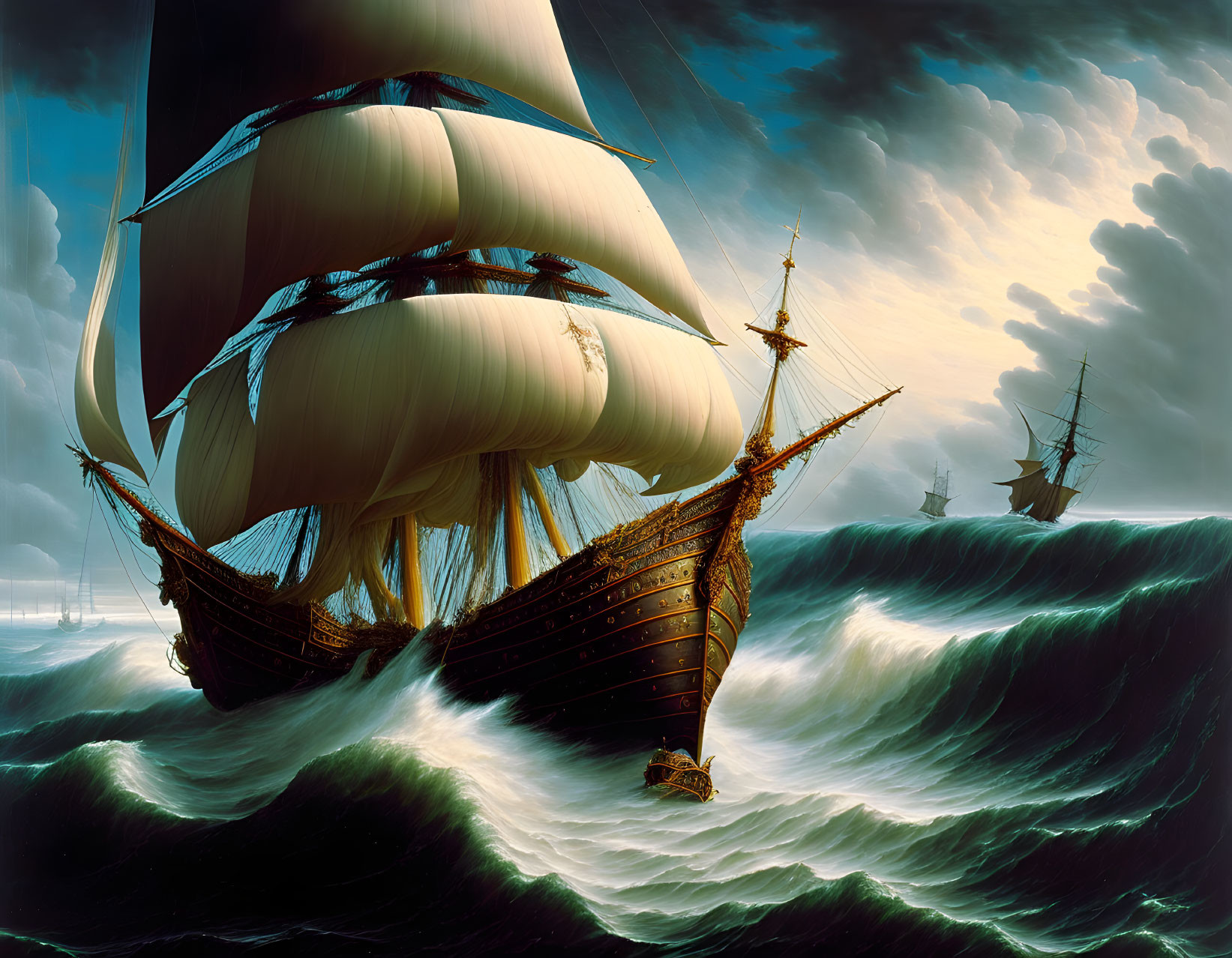 Majestic sailing ship on tumultuous ocean waves