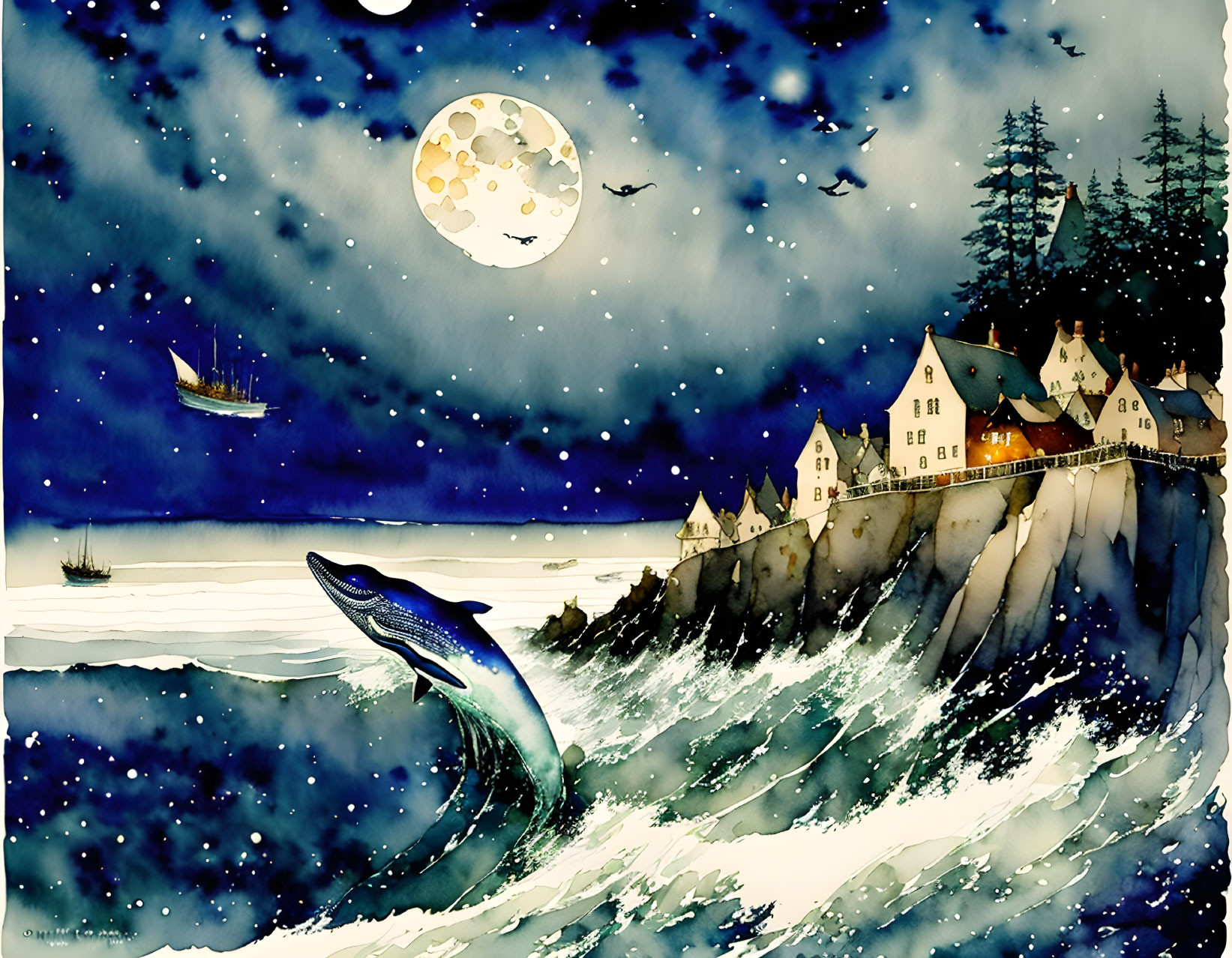 Coastal Village Watercolor: Night Scene with Breaching Whale