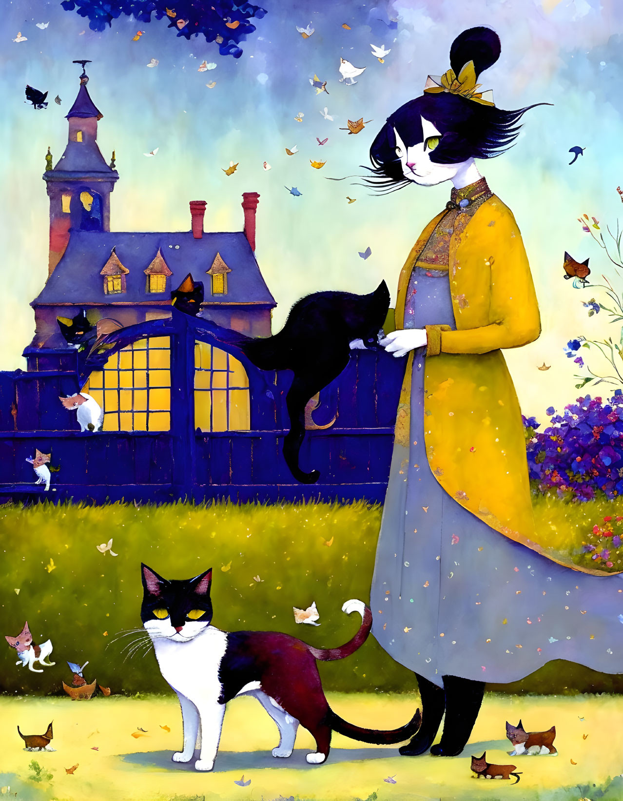 Whimsical illustration of woman with cat-like features and black cat in a magical setting