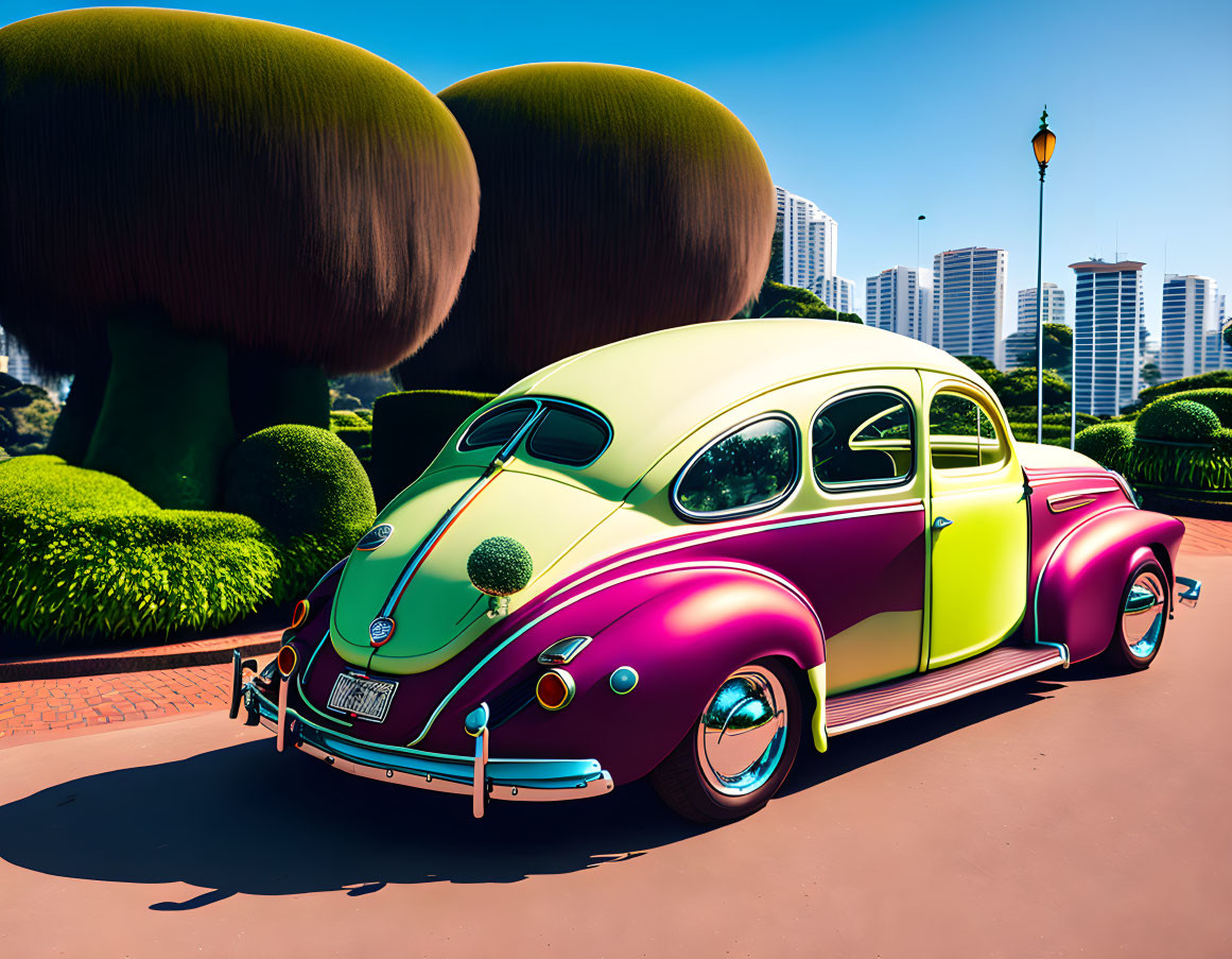 Classic Two-Tone Green and Purple Volkswagen Beetle Parked with City Skyline View