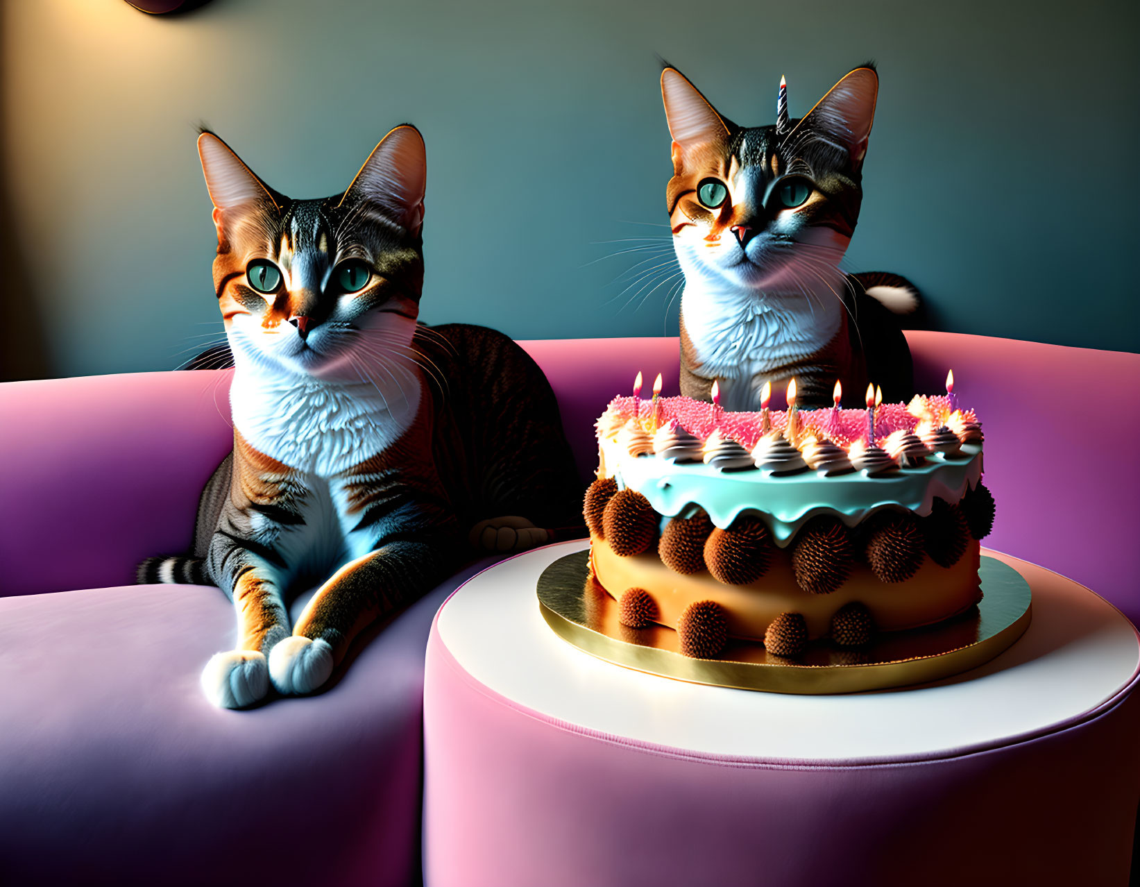 Realistic digital cats with birthday cake on purple couch