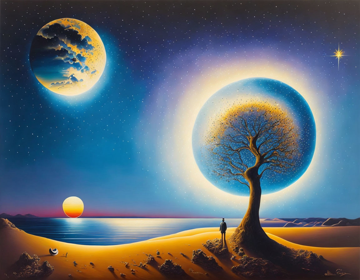 Person standing by tree in surreal night landscape with moon, star, and ocean sunset