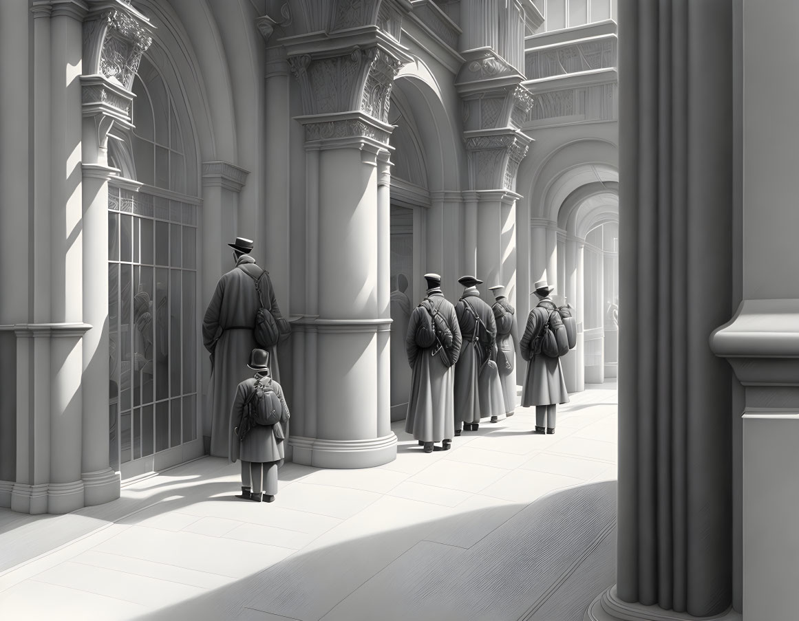 Monochrome photo: Cloned men in trench coats and fedoras with child-sized figure in classic hallway