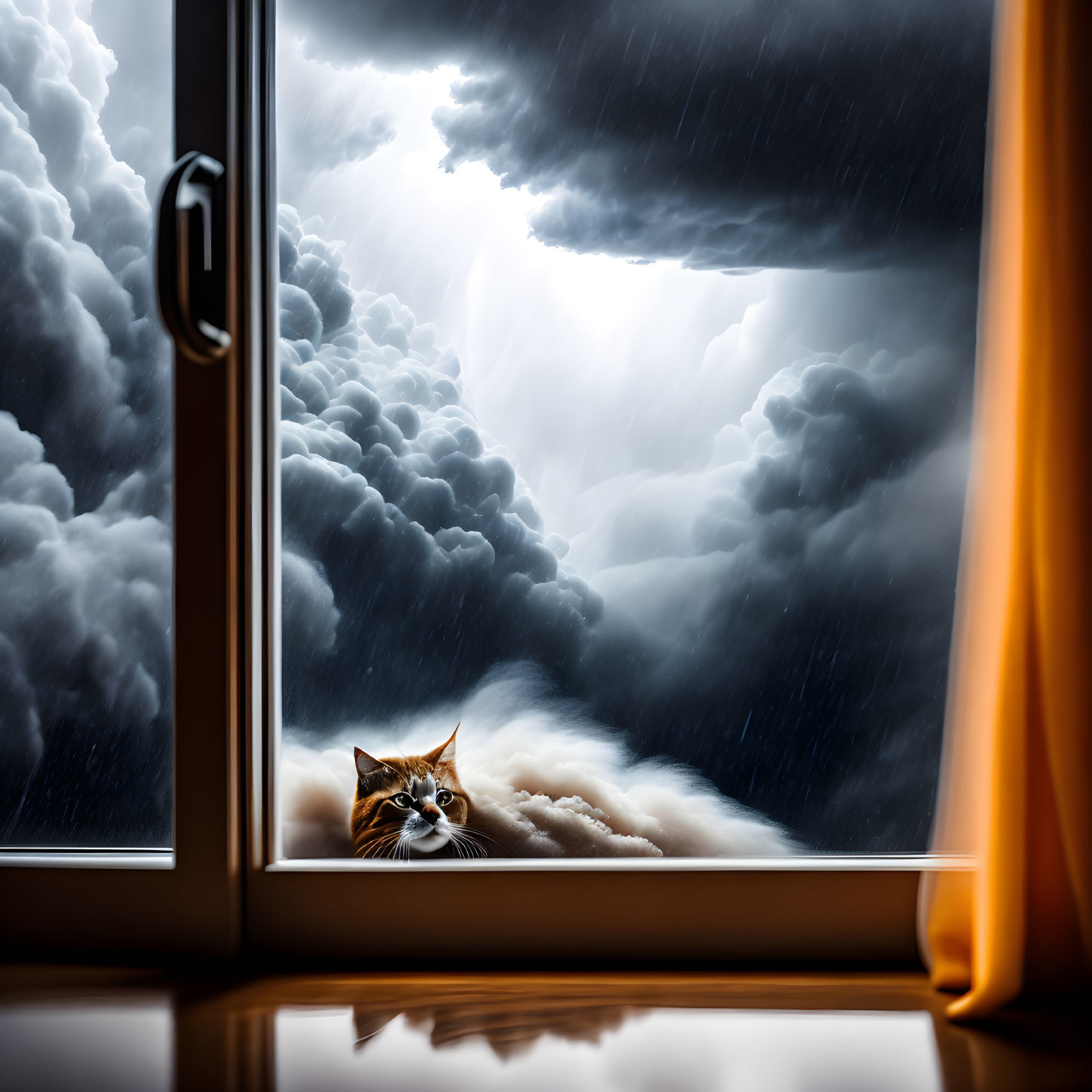 Cat on window ledge with storm clouds and rain outside.