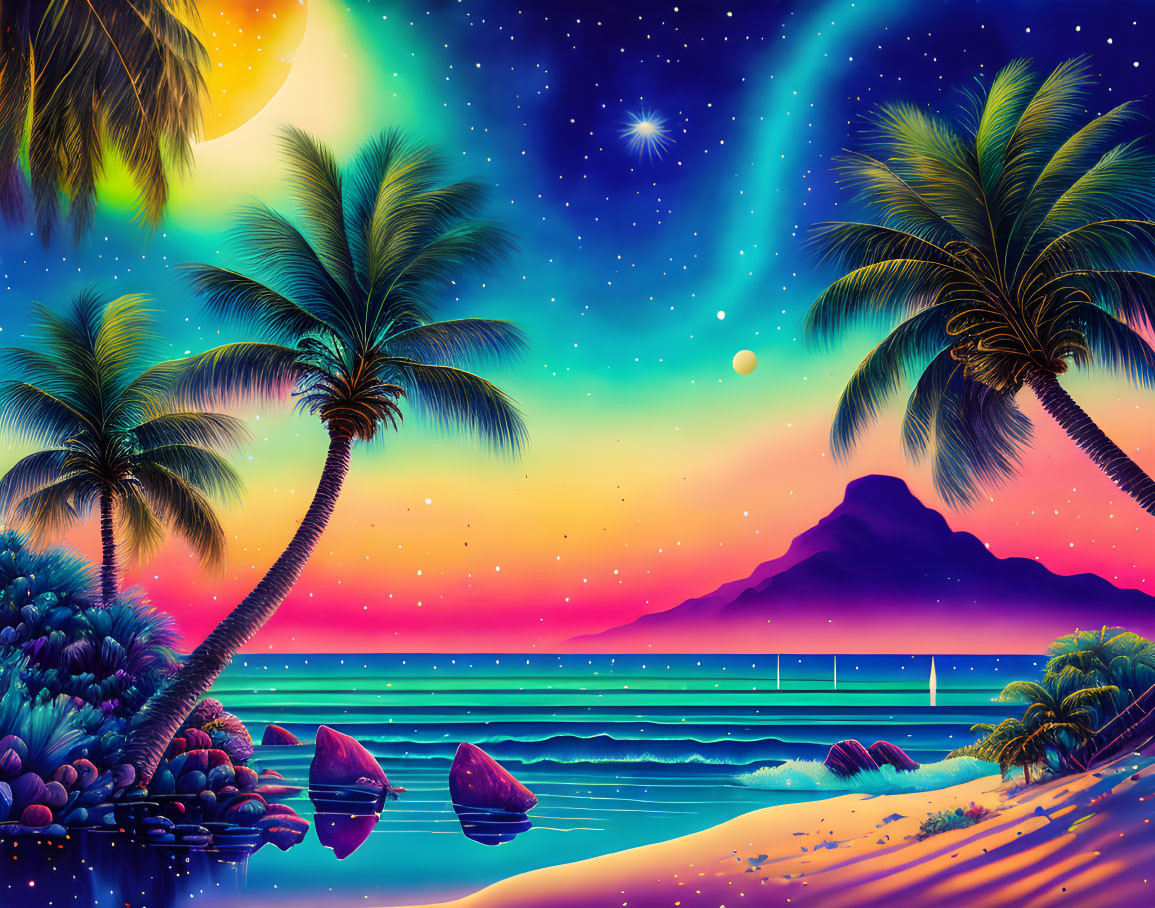 Tropical beach scene at twilight with palm trees, ocean, mountain, starry sky, moon