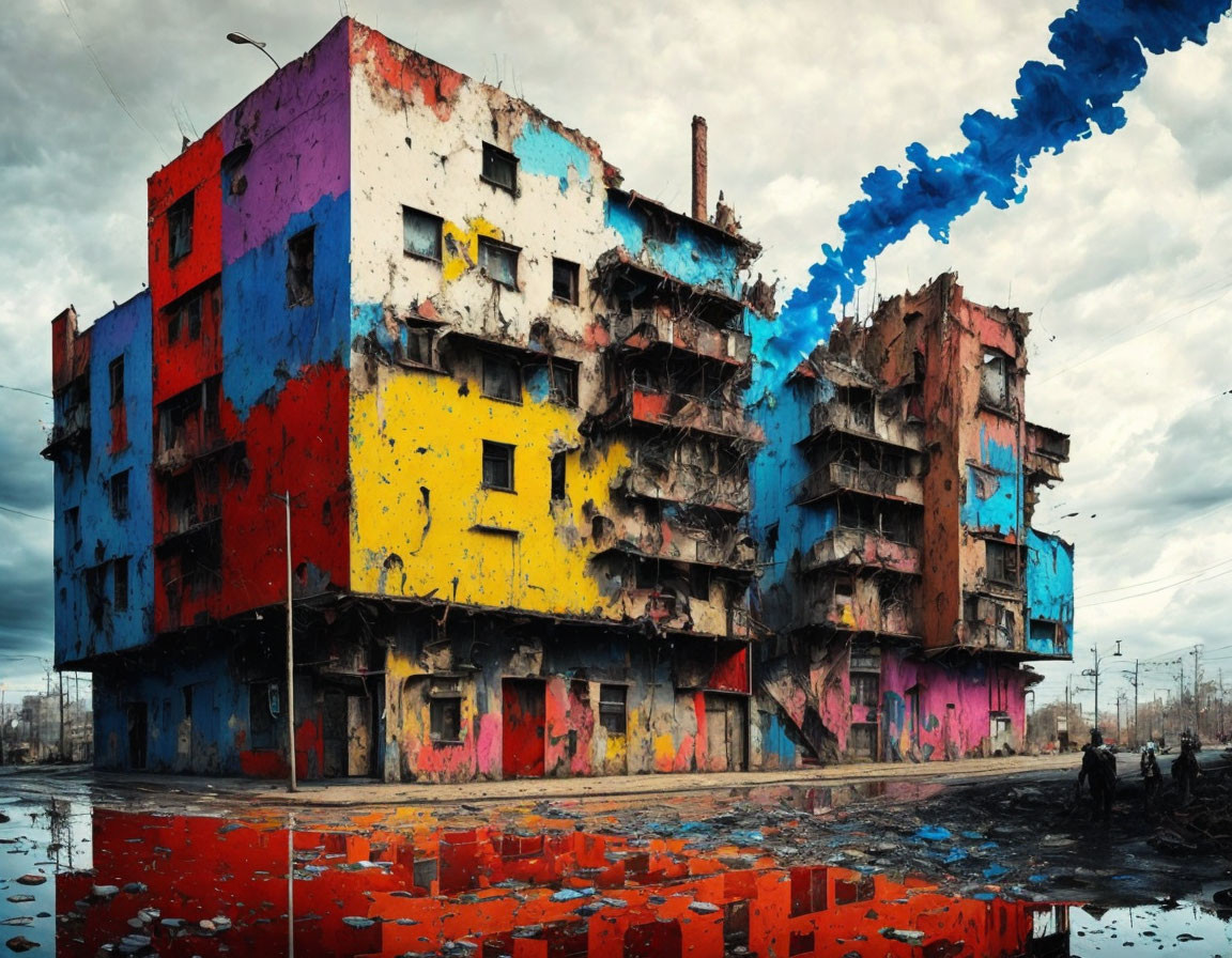 Multicolored rundown buildings with smokestack and reflections against cloudy sky