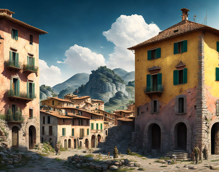 European Village with Yellow Buildings, Cobblestone Streets, and Mountain View