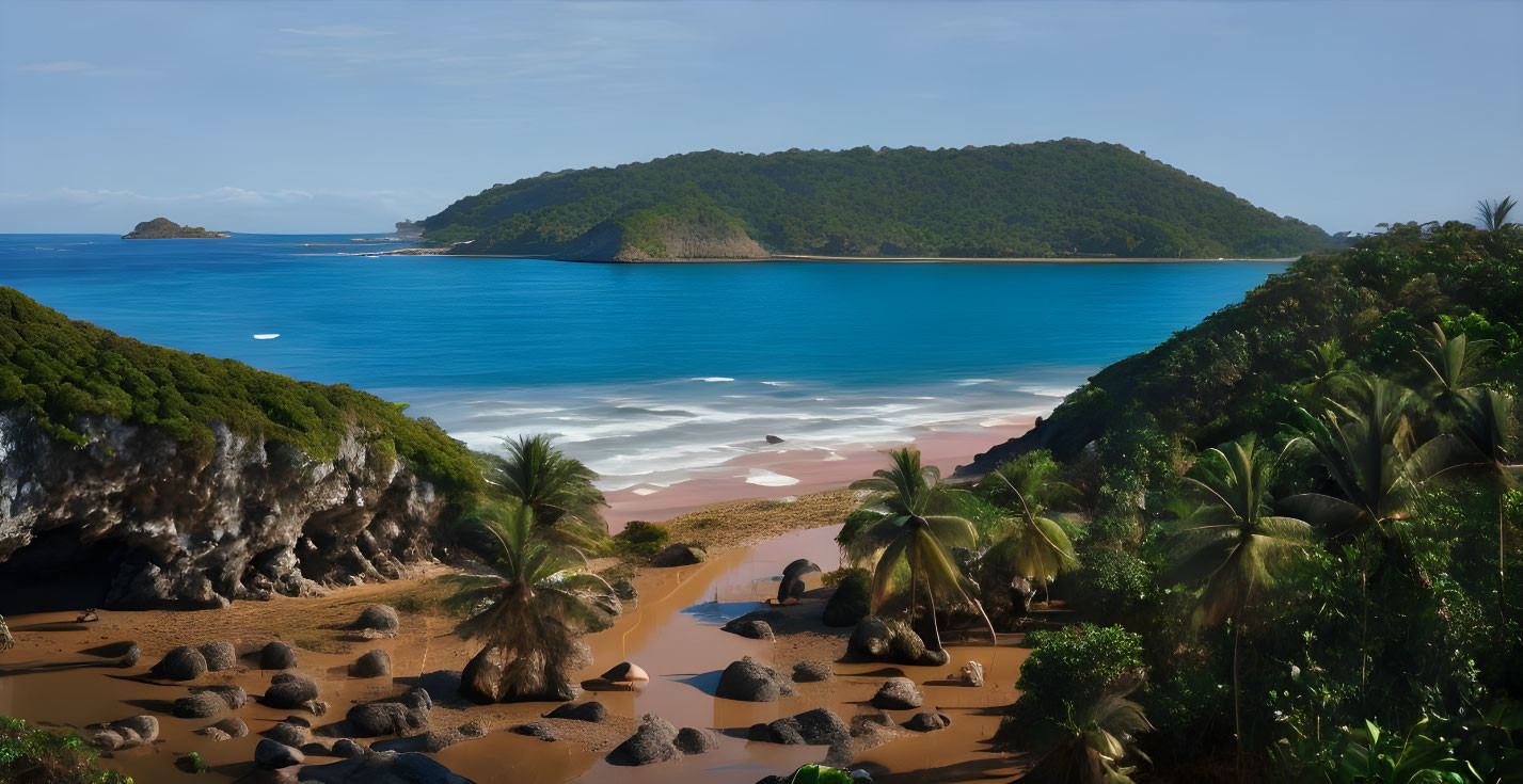 Tranquil coastal landscape with sandy beach, lush vegetation, turquoise waters, and hilly islands