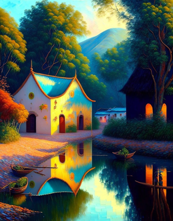 Tranquil Twilight Scene: Cottage by Still Lake with Reflections