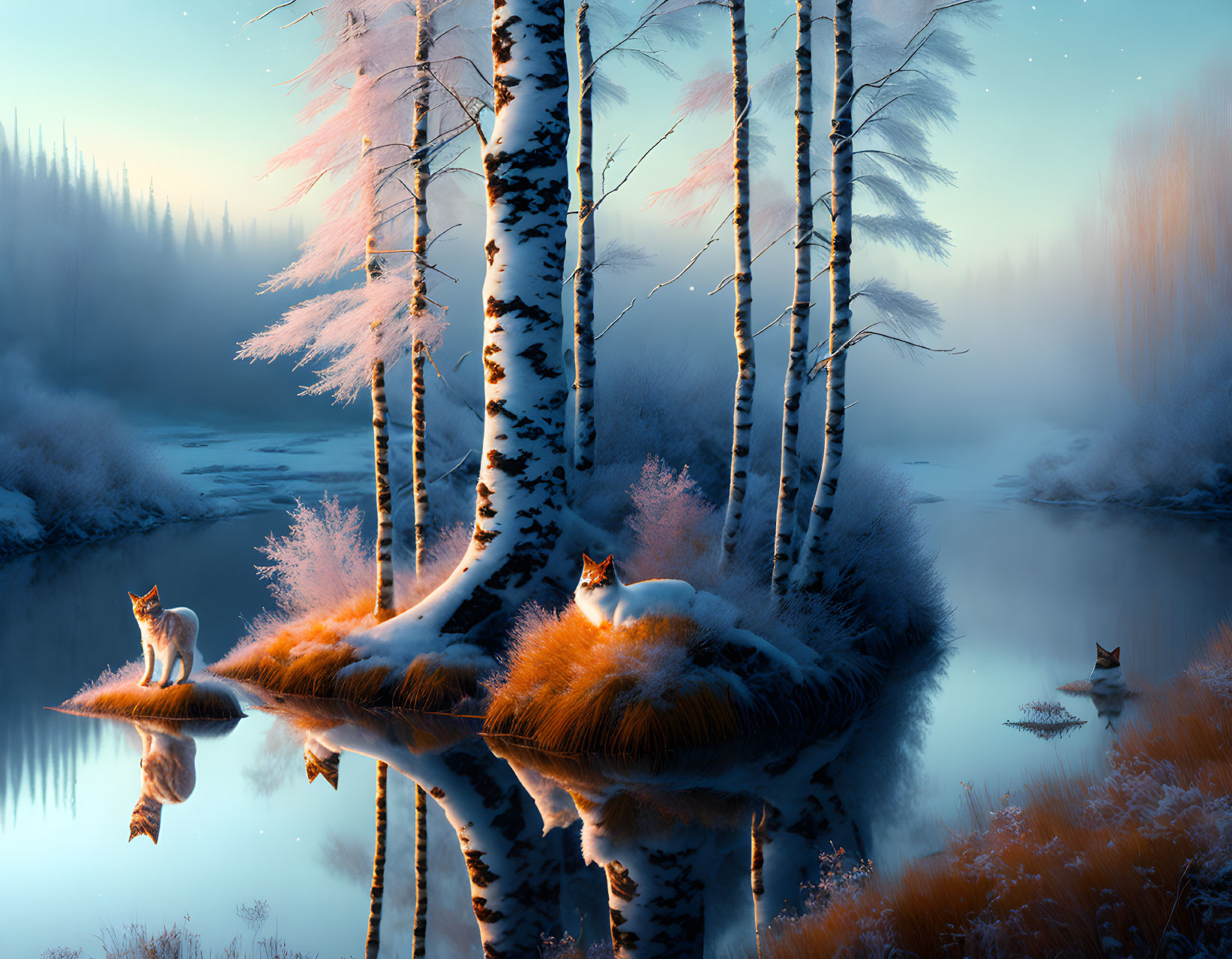 Winter landscape: Three foxes on snowy islands, birch trees, mist, tranquil blue tone