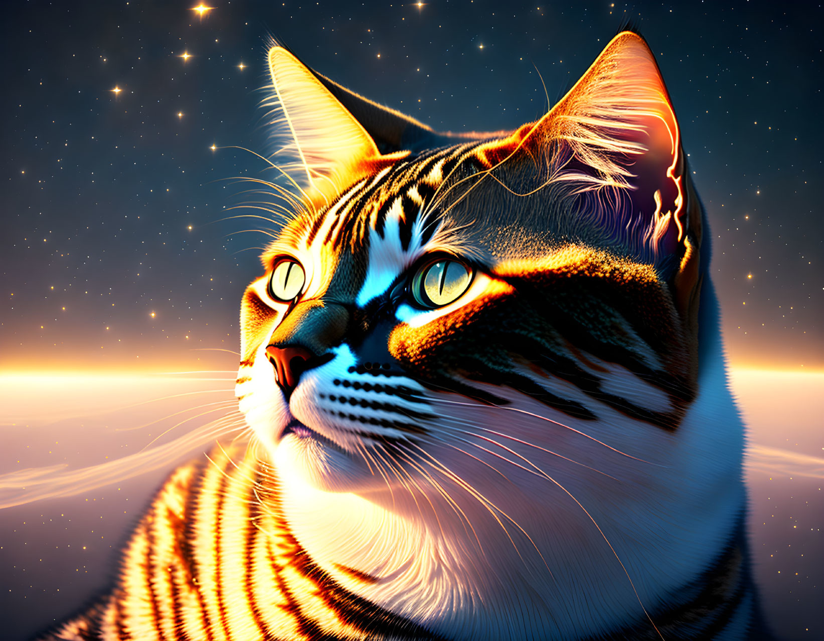 Digital artwork: Cat with unique fur patterns, staring at starlit sky with distant planets.