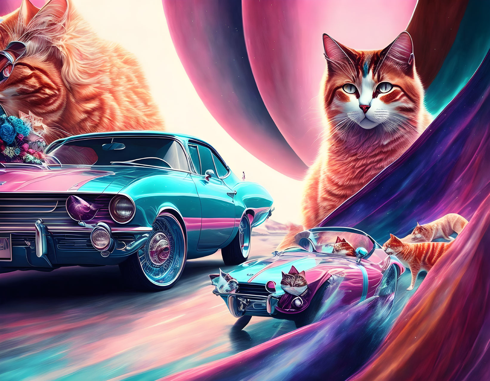 Colorful digital artwork: Oversized cats, classic cars, surreal landscape