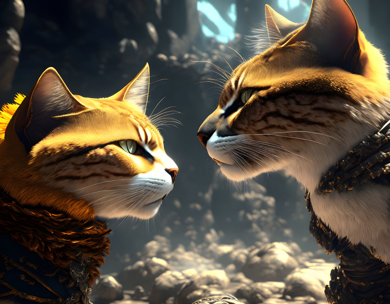 Realistic animated cats with orange fur and golden collars face each other