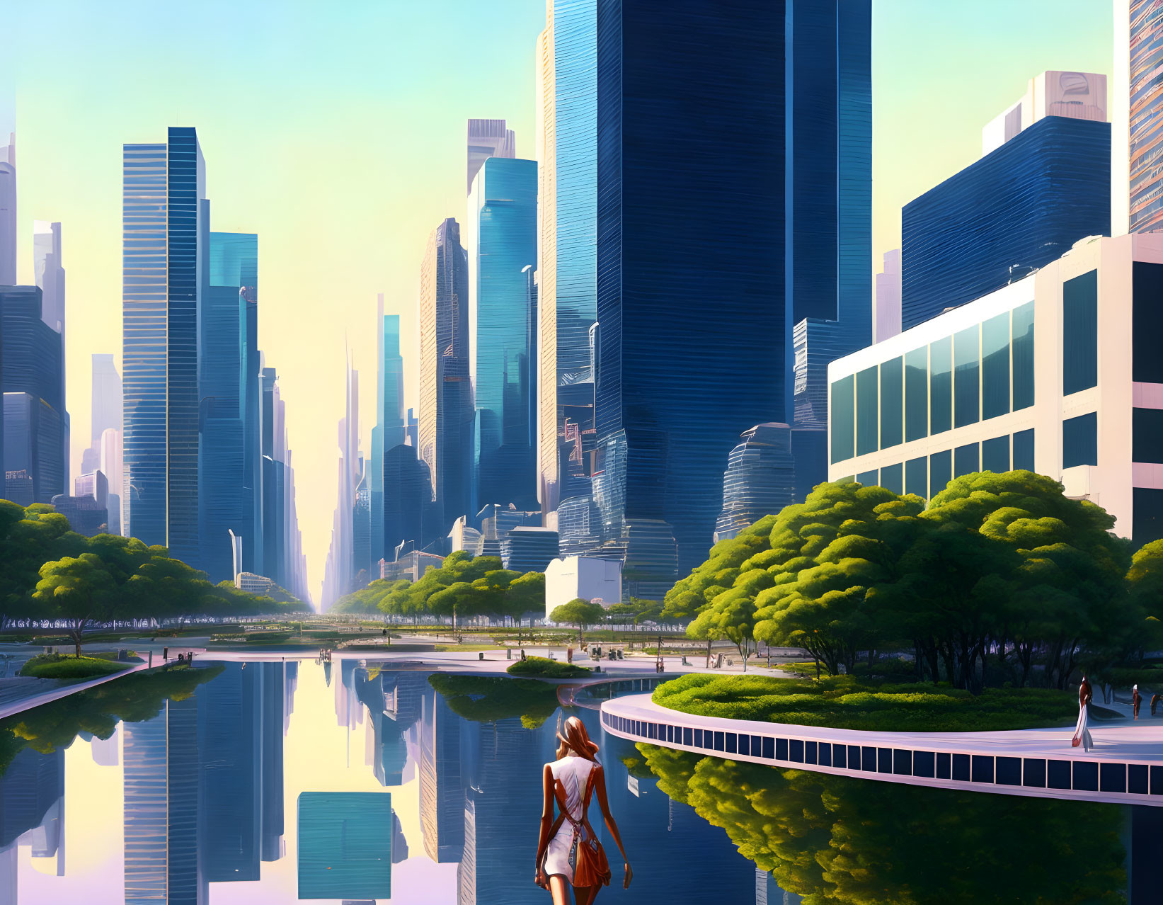 Person walking by reflective waterway in futuristic city with skyscrapers