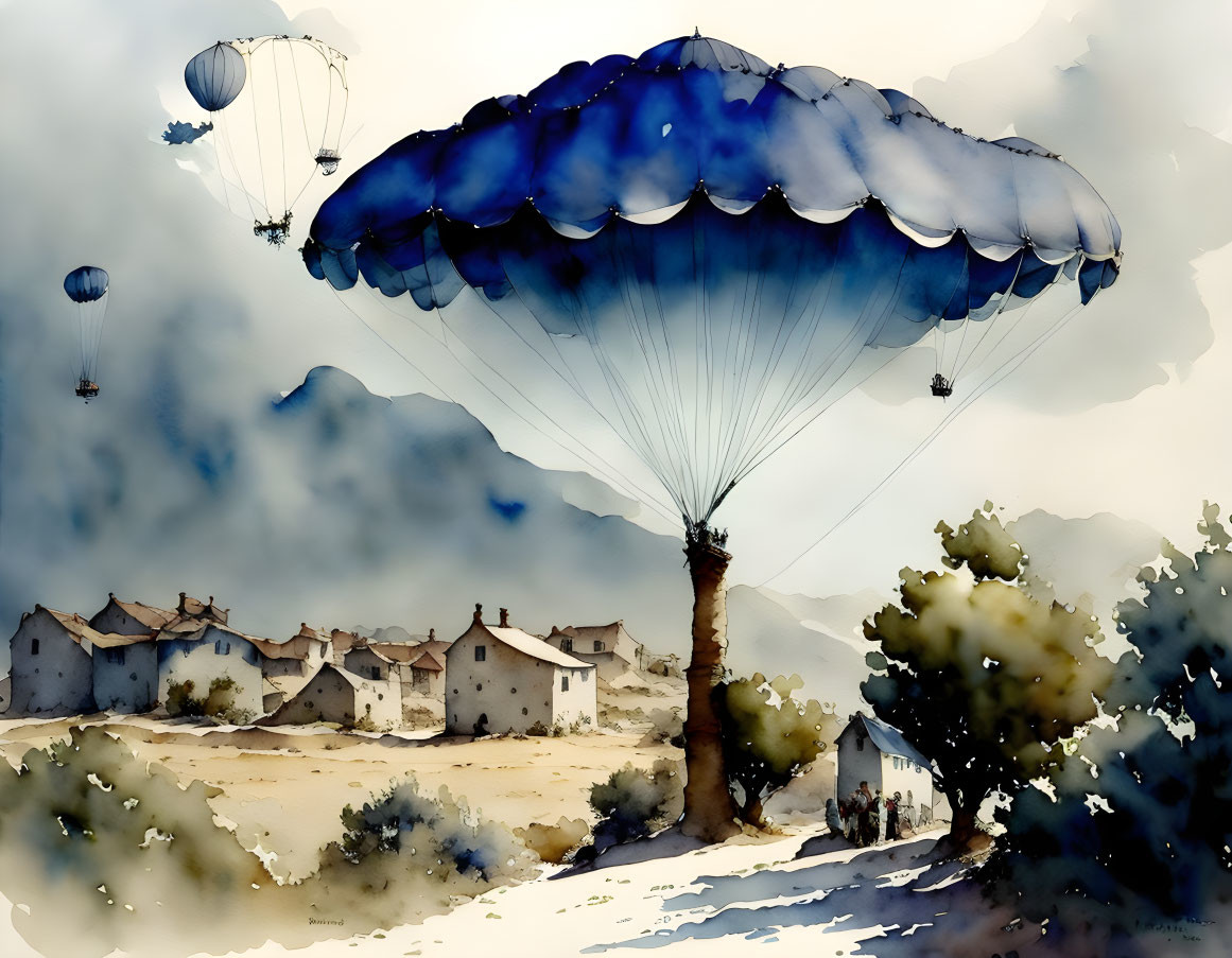 Blue parachute landing near village with descending parachutes