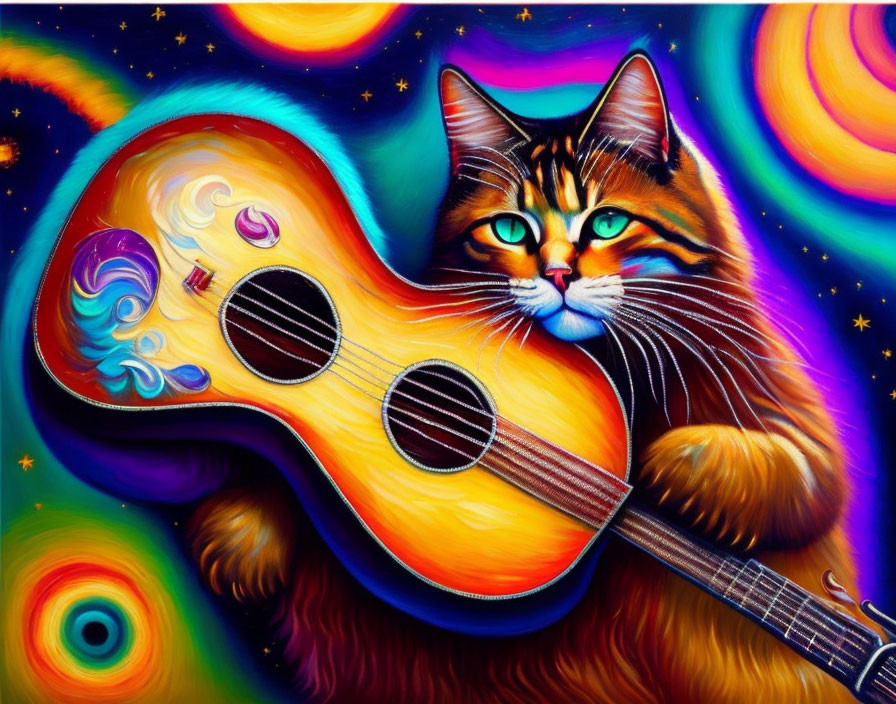 Colorful Cat Painting with Cosmic Background and Guitar