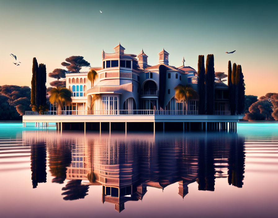 Tranquil lakeside villa at sunset with reflective waters, trees, birds, and crescent moon