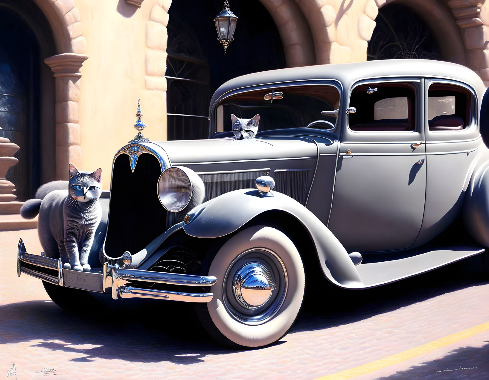 Vintage car parked with two cats near building under clear sky