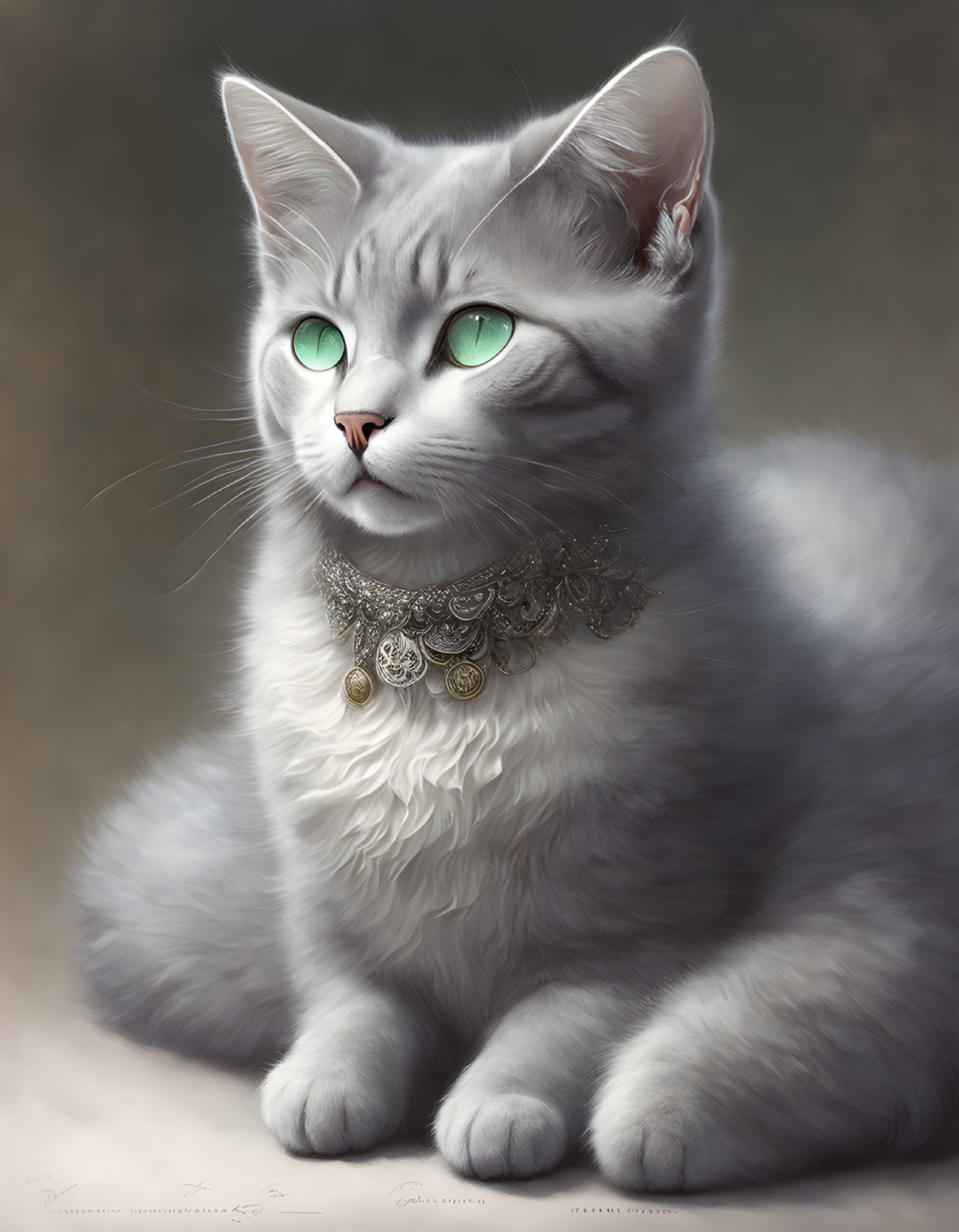 Realistic digital painting of grey cat with green eyes and silver collar.