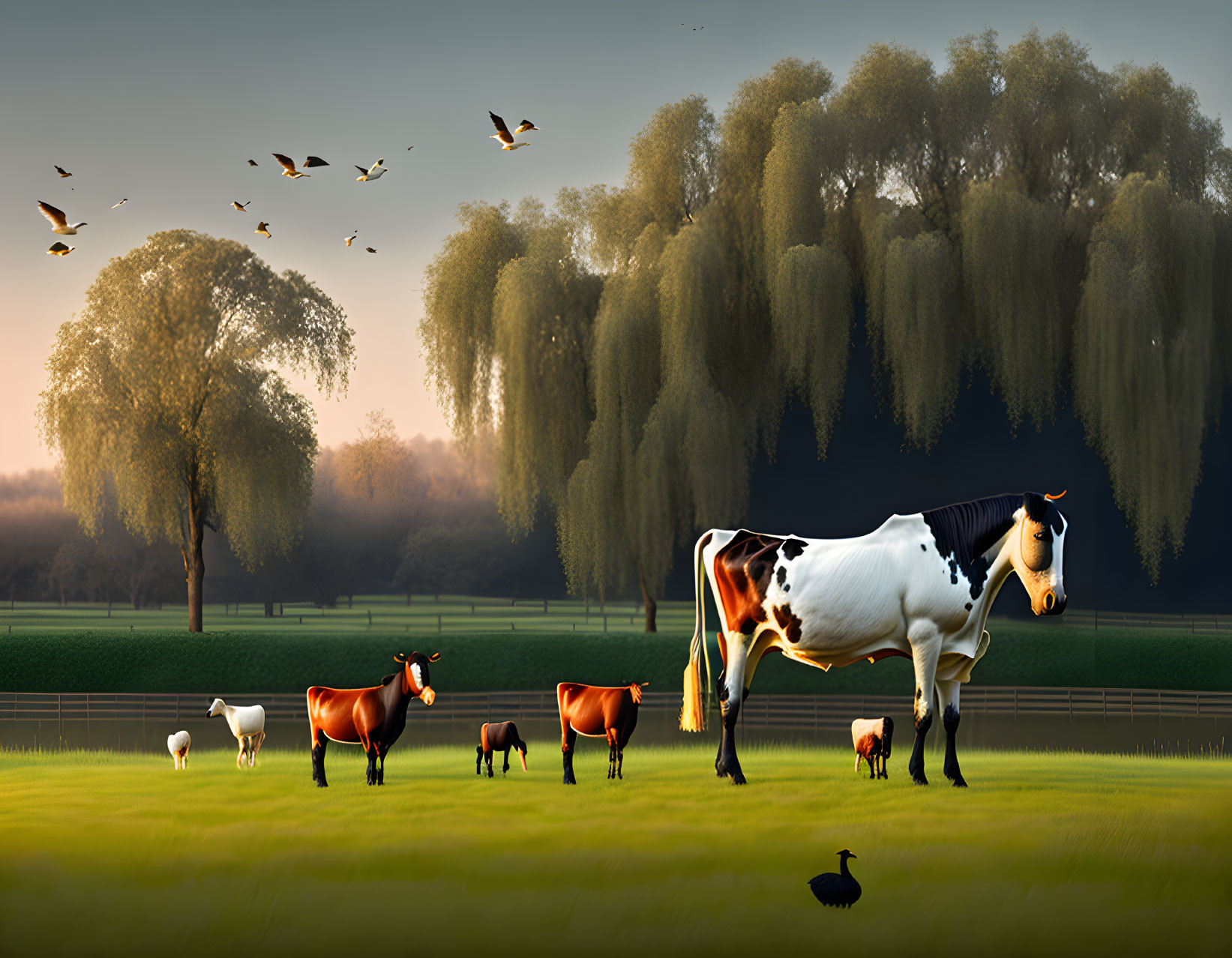 Tranquil dawn landscape with stylized cow, sheep, birds, and willow trees