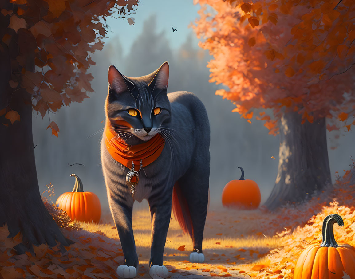 Grey Cat with Scarf Surrounded by Pumpkins and Autumn Trees