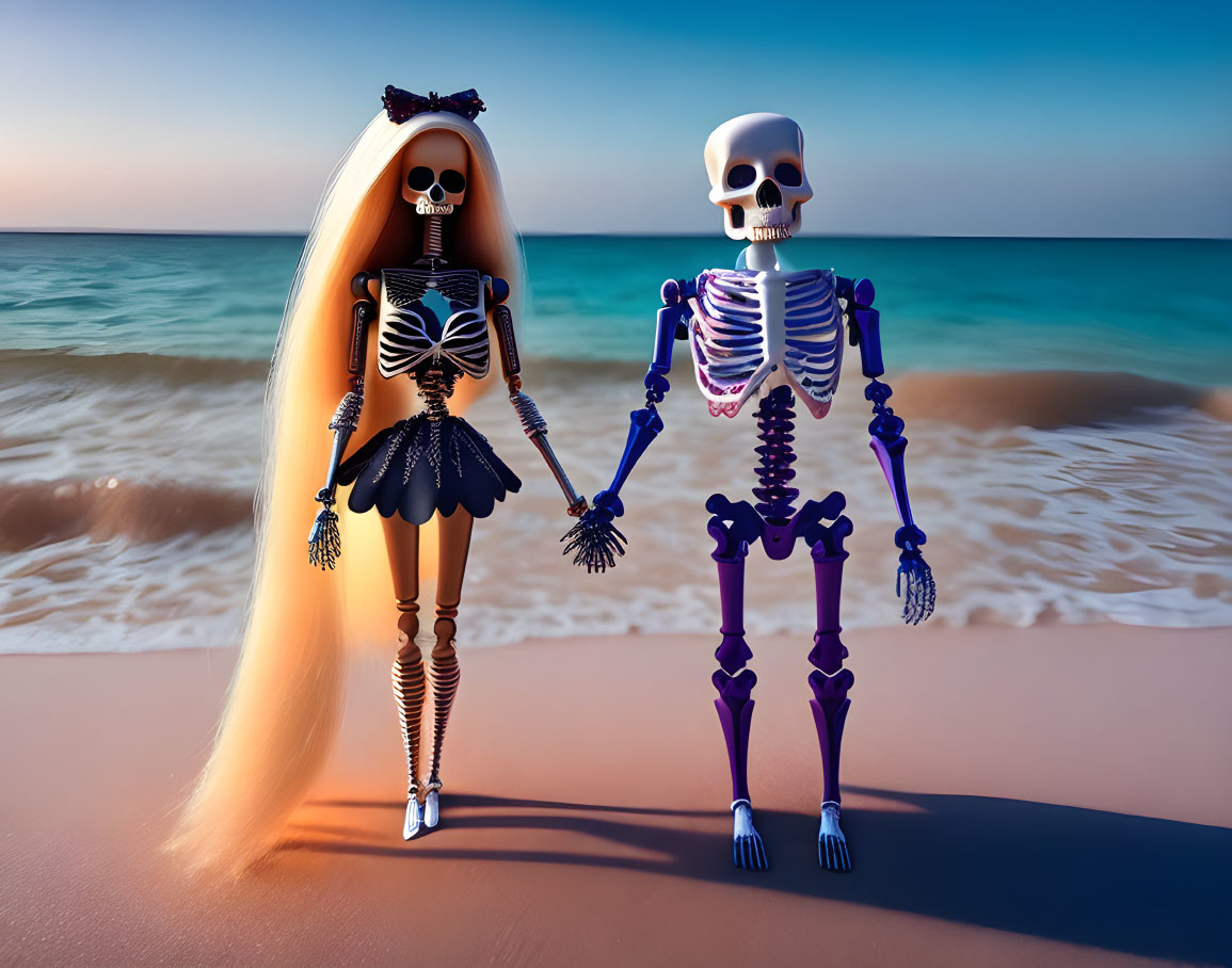 Stylized cartoon skeletons with pink bow and long hair on beach at sunset