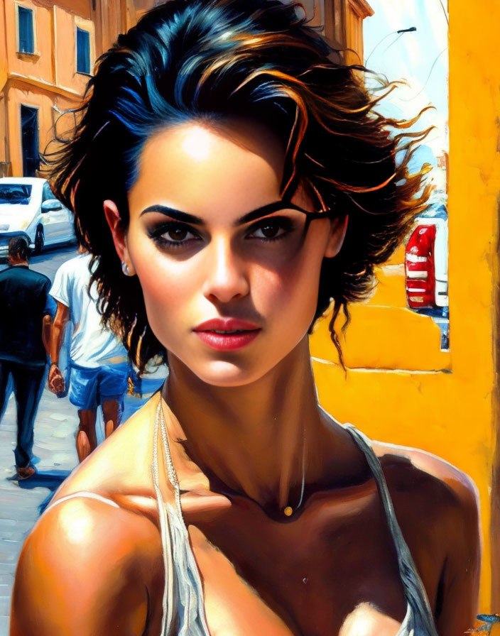 Digital artwork of woman with dark hair and striking eyes in urban setting.