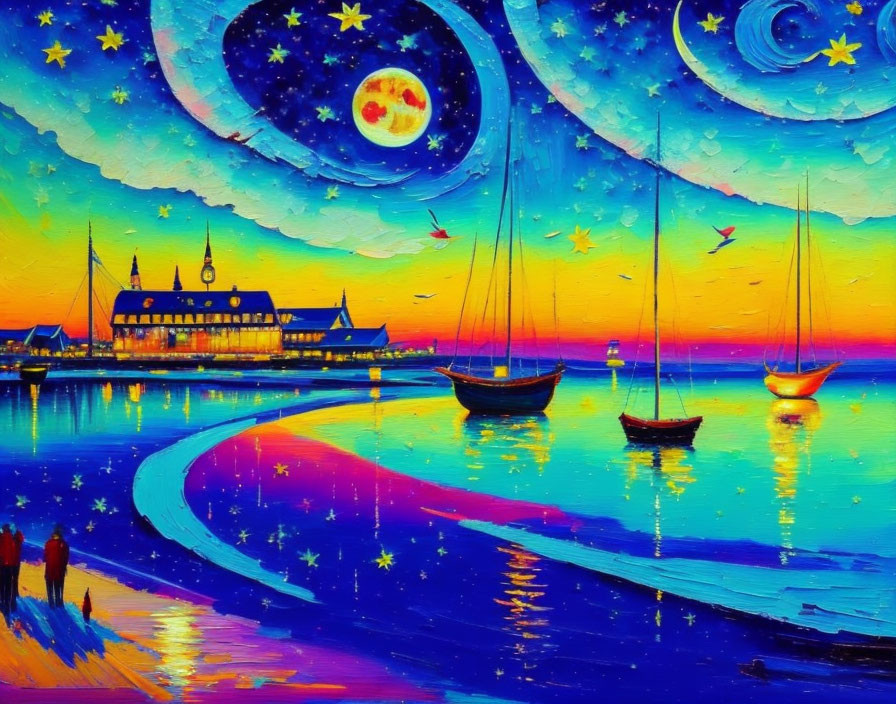 Colorful coastal night scene with swirling skies, stars, moon, boats, and silhouettes.