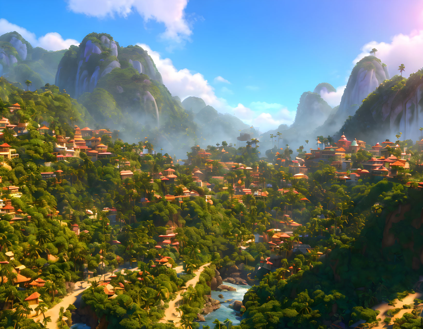 Lush tropical valley with mist, thatched-roof houses, verdant hills, and towering peaks