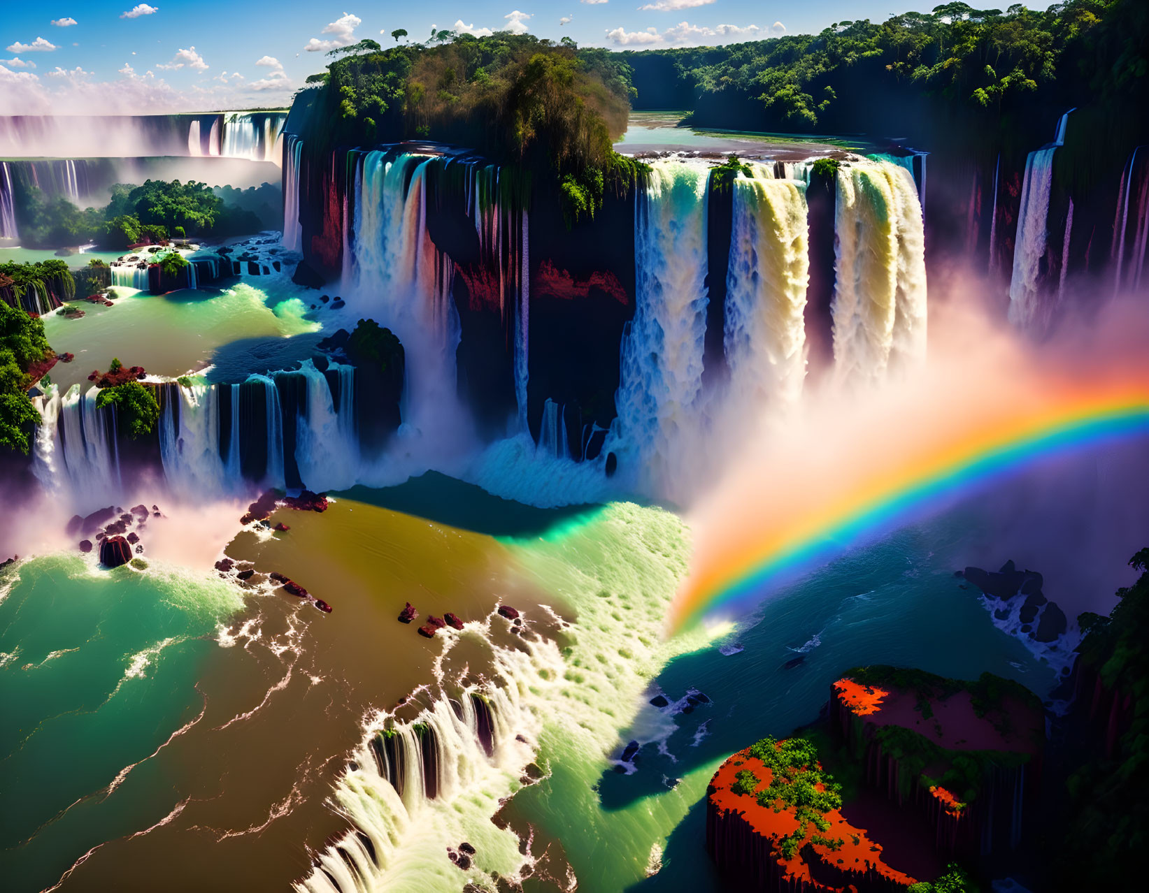 Majestic waterfalls with lush greenery and vibrant rainbow.