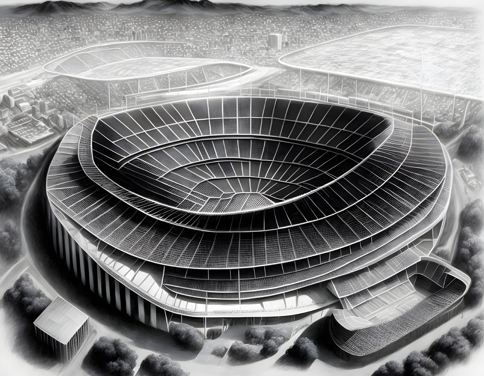 Large grayscale stadium sketch in cityscape with multiple tiers and parking areas.