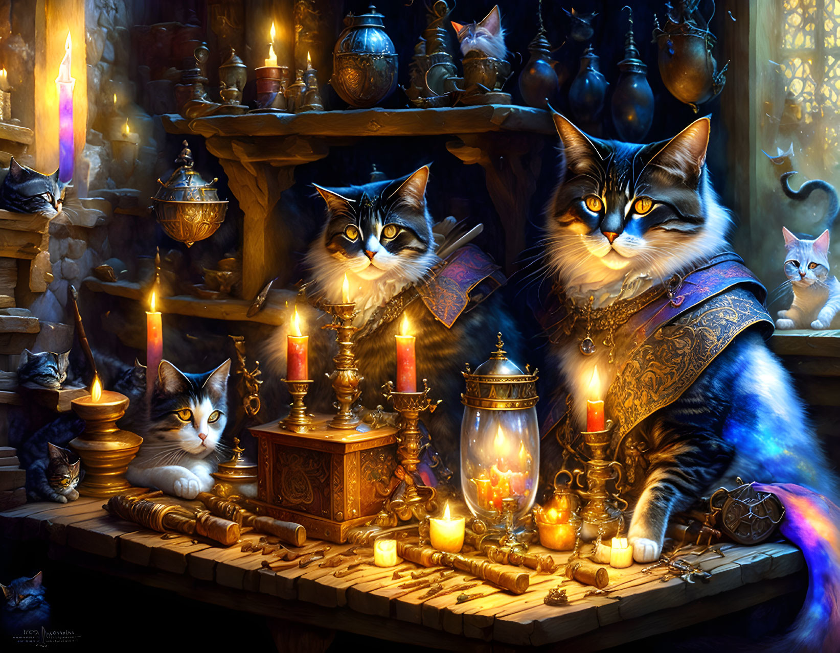 Anthropomorphic cats in medieval attire with candles and vintage artifacts