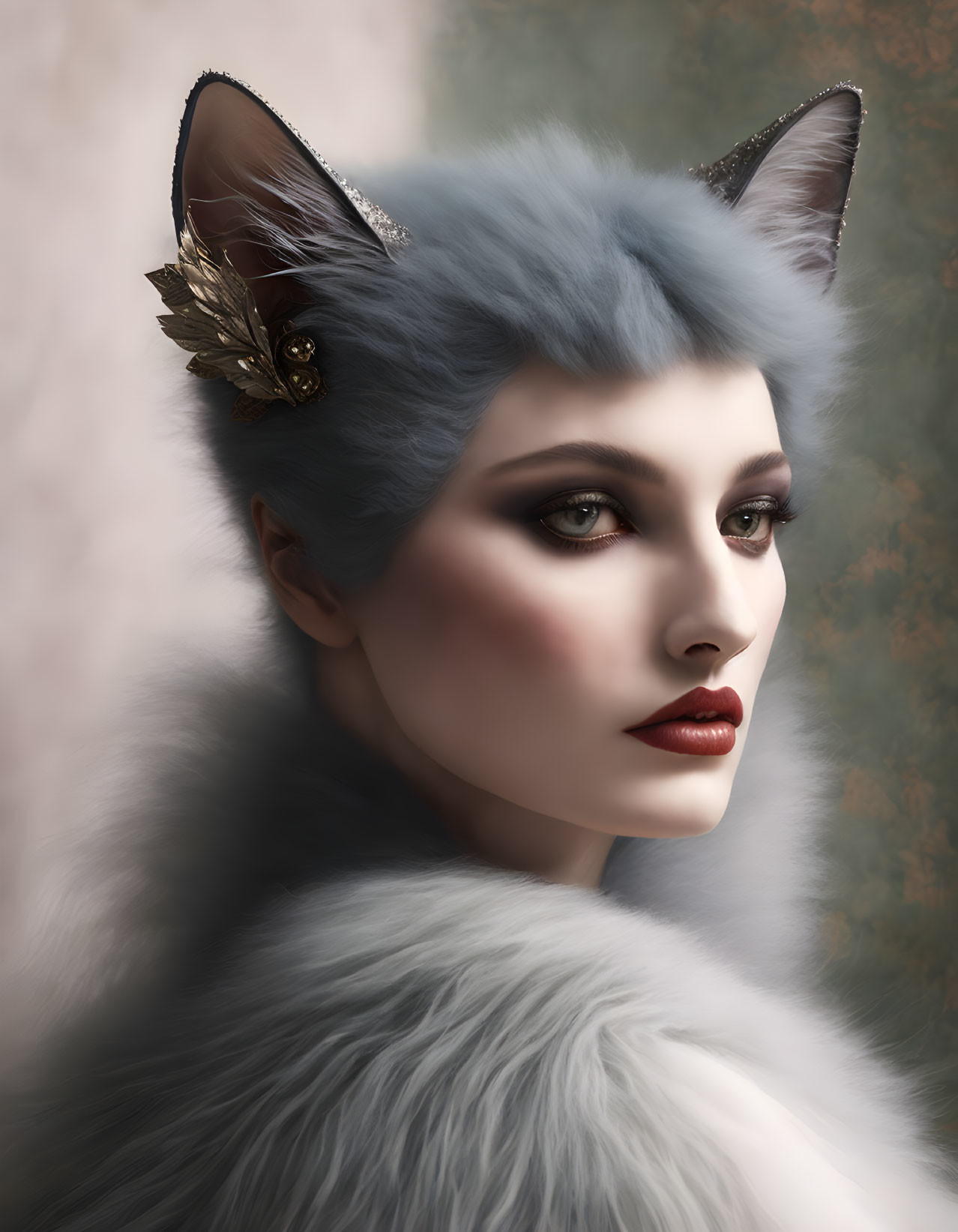 Stylized portrait of a person with feline features in blue fur