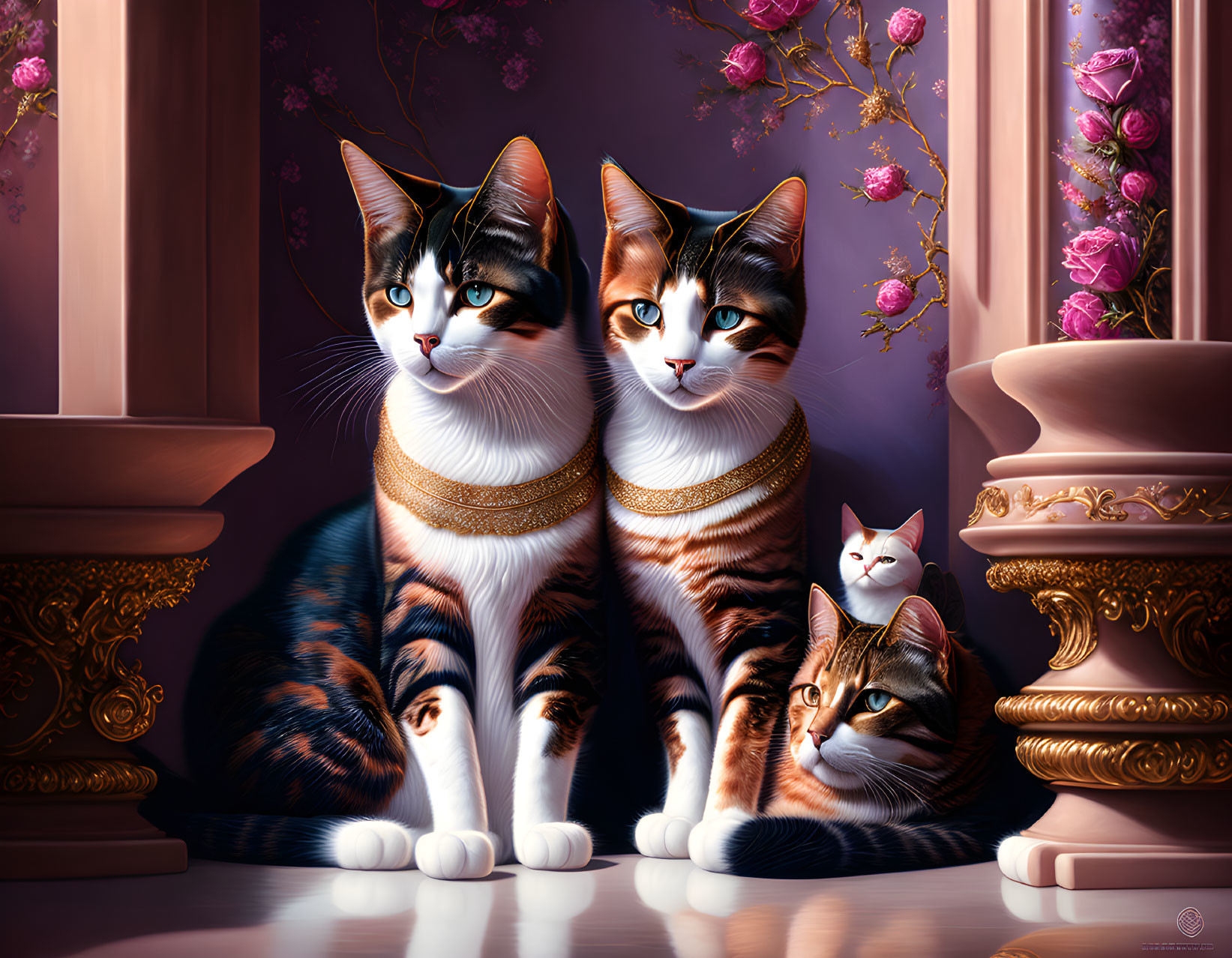 Three elegant cats with gold bands and pink blossoms in front of a window