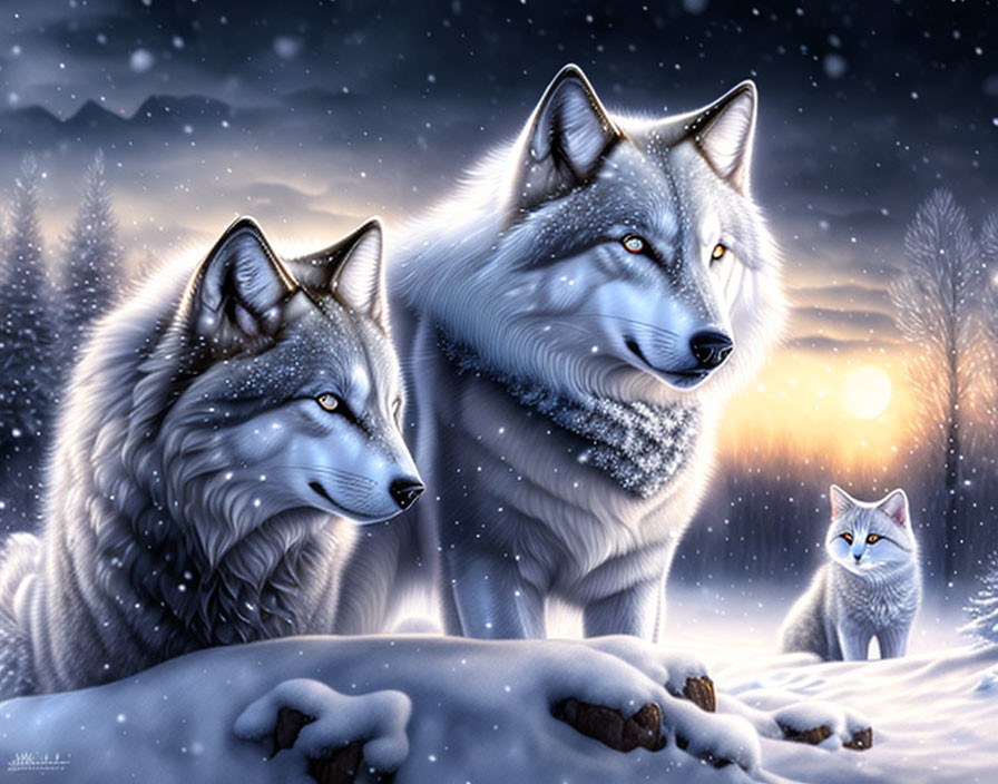 Winter scene with two wolves, a cat, and falling snowflakes