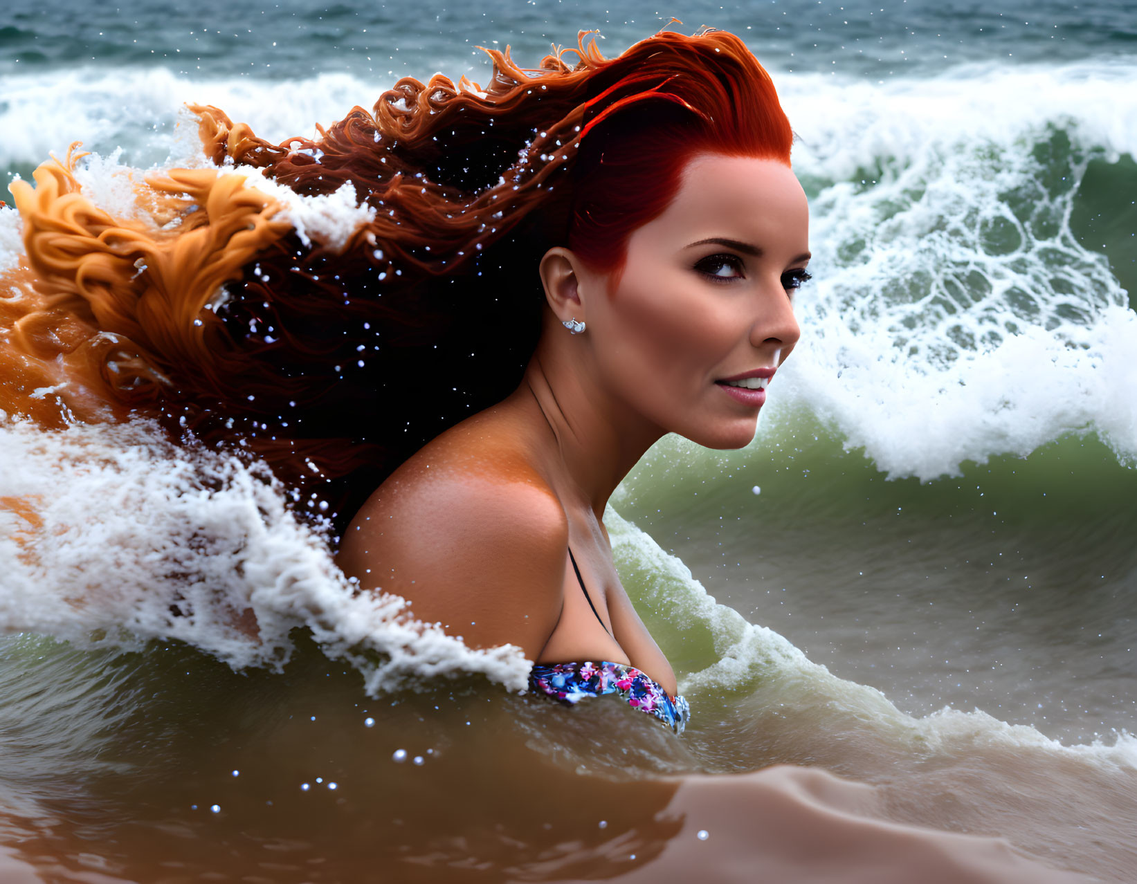 Vibrant red-haired woman flipping hair in ocean waves.