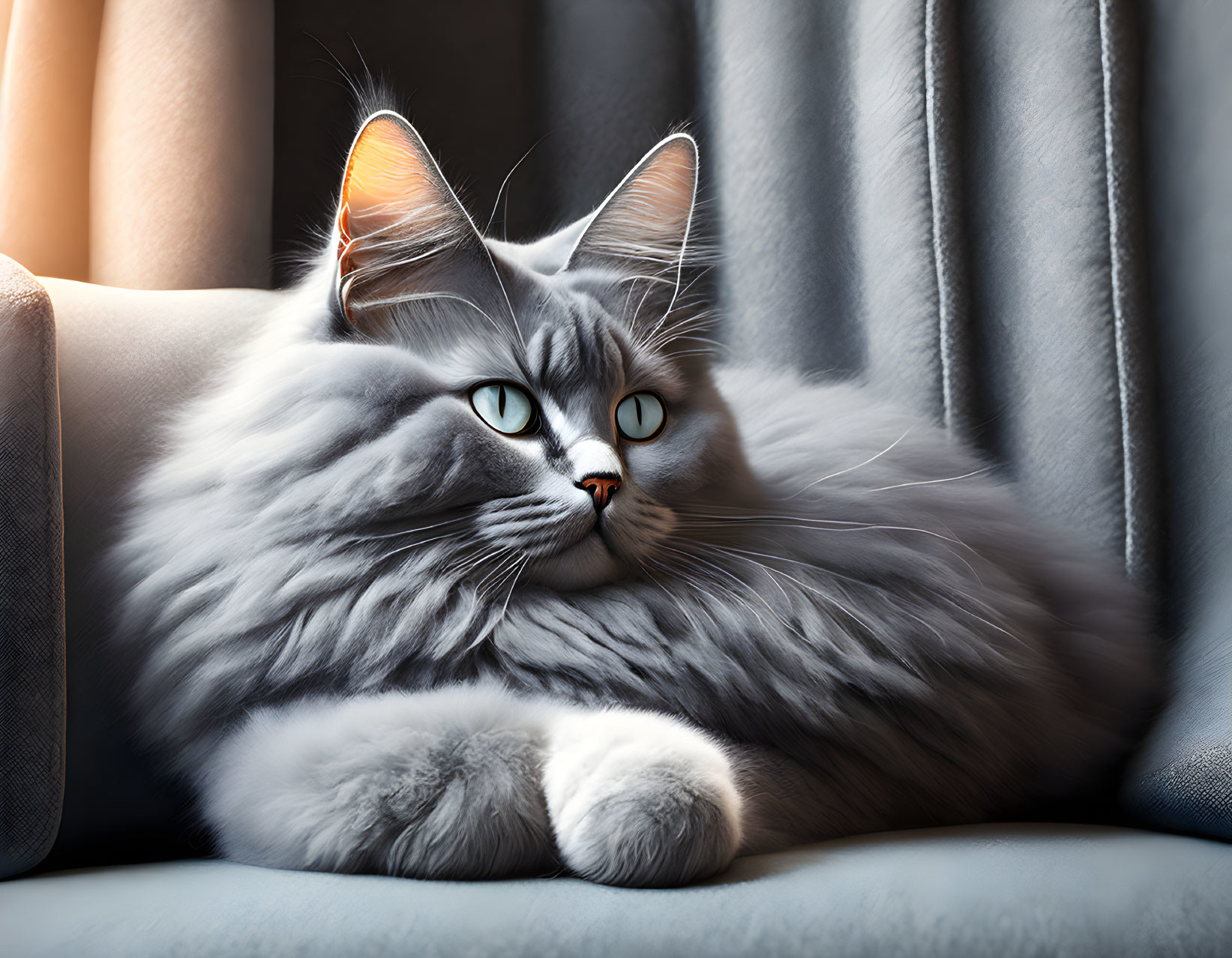 Grey Cat with Green Eyes Relaxing on Couch by Window