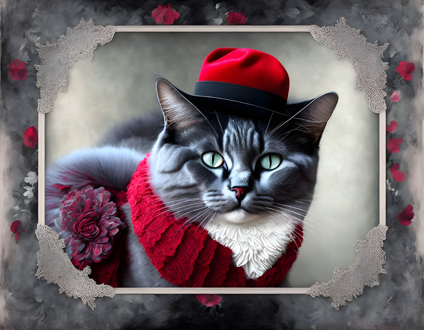 Portrait of Cat with Green Eyes in Red Hat, White Collar, and Cape, Framed by