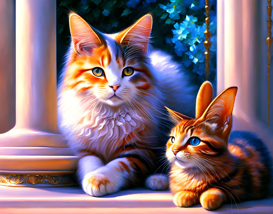 Fluffy cats with blue eyes basking in sunlight