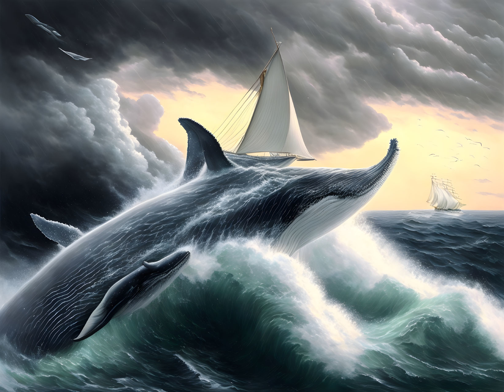 Enormous whale breaching stormy sea with sailboat on back