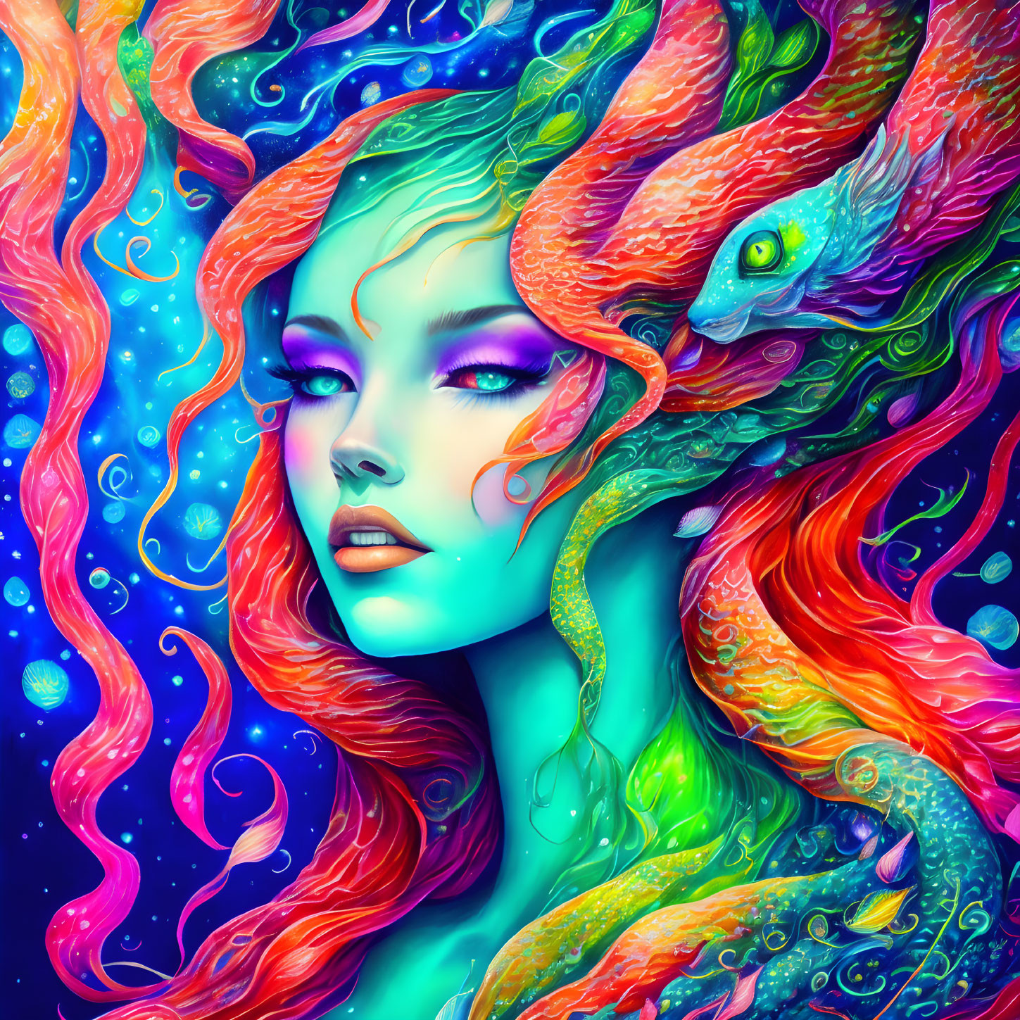 Colorful woman with flowing hair and mythical fish in cosmic scene