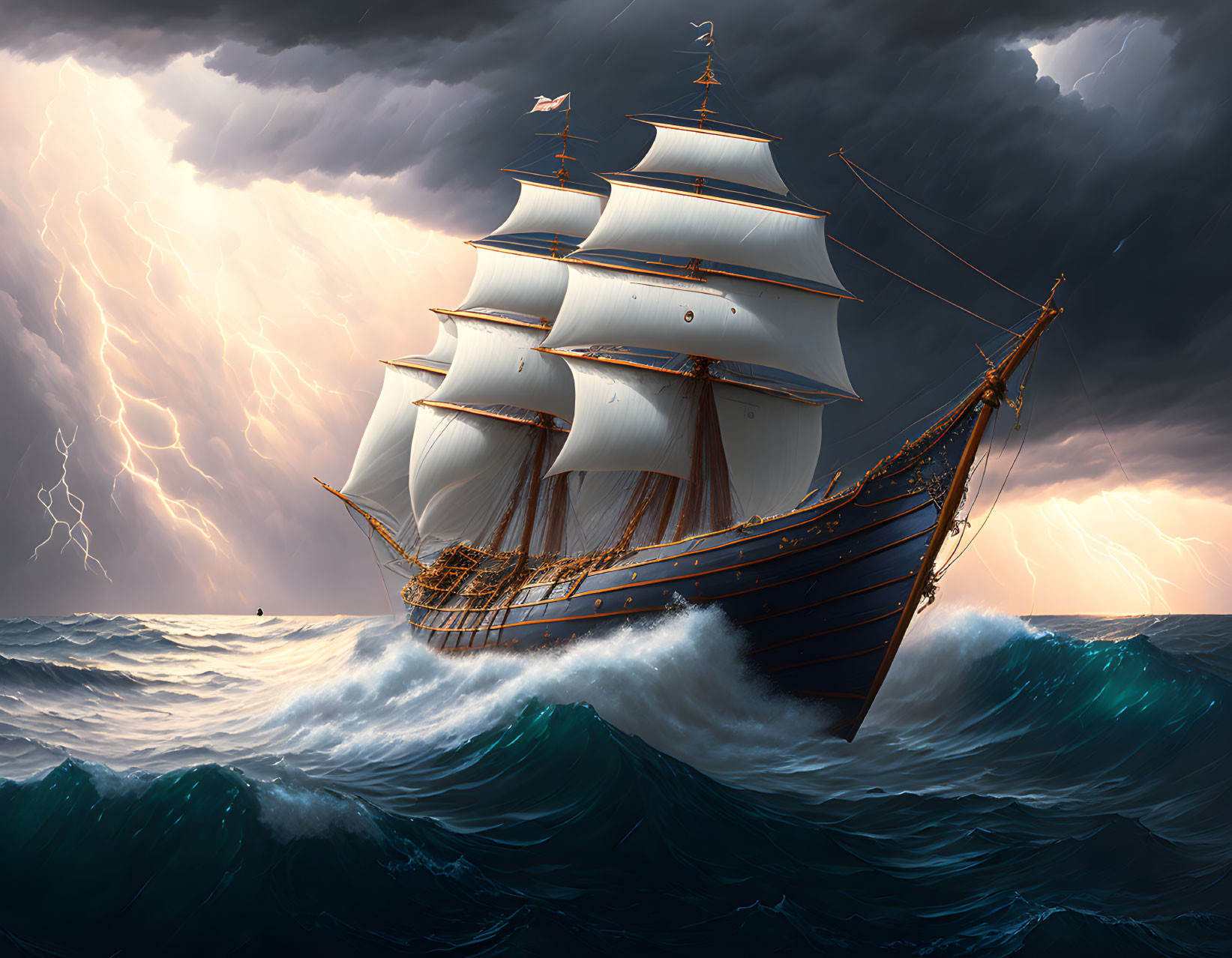 Sailing ship in stormy sea with lightning bolts