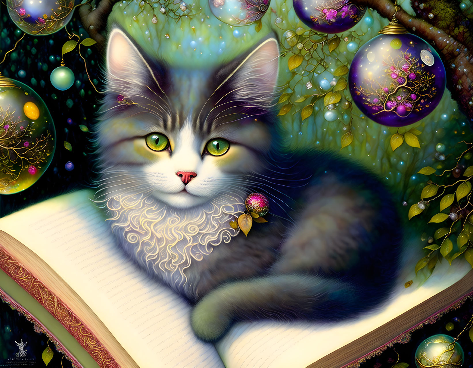 Fluffy gray and white cat with green eyes on book near ornamented trees