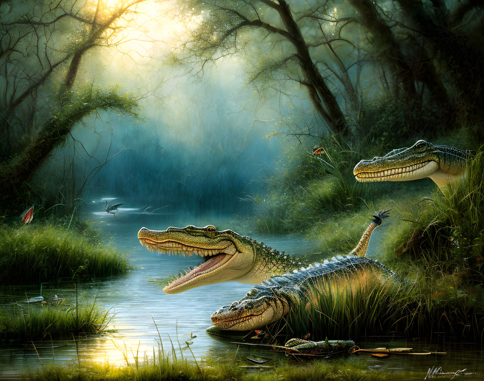 Mystical Swamp Scene with Alligators and Lush Greenery